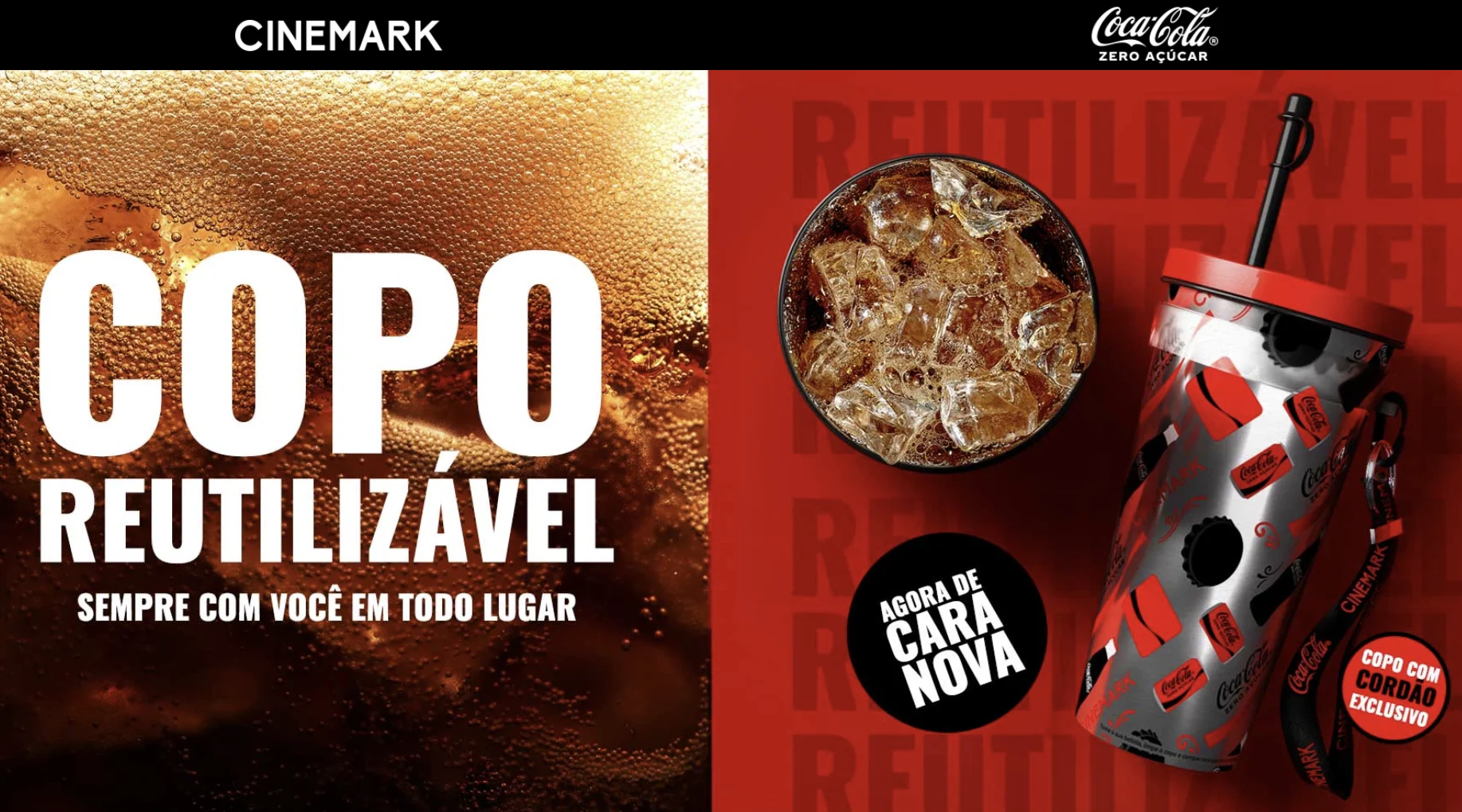 Copo reutilizável Cinemark Coca-Cola com bebida e gelo