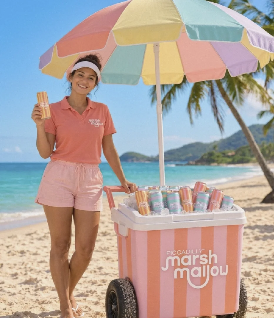 Ação Piccadilly Marshmallow com carrinho colorido em praia.