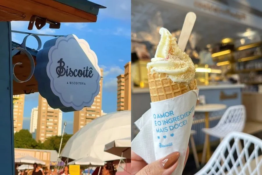 Montagem mostra a fachada da Biscoitê e uma casquinha de sorvete segurada dentro da unidade.