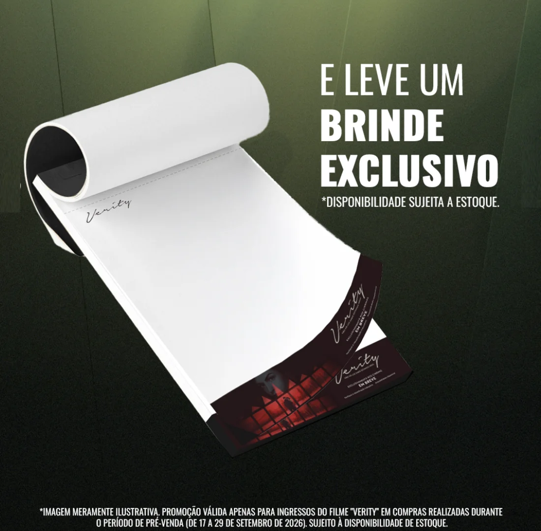 Bloco de notas de Verity oferecido como brinde pela Cinemark.