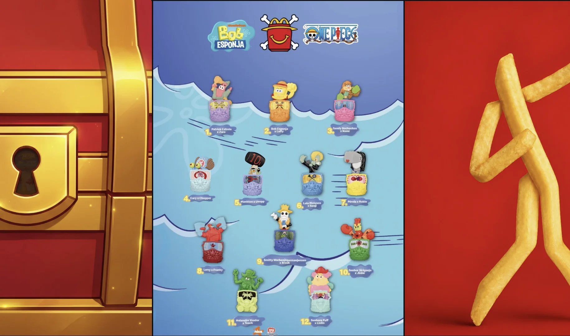 Coleção Bob Esponja x One Piece do McLanche Feliz com 12 brinquedos.