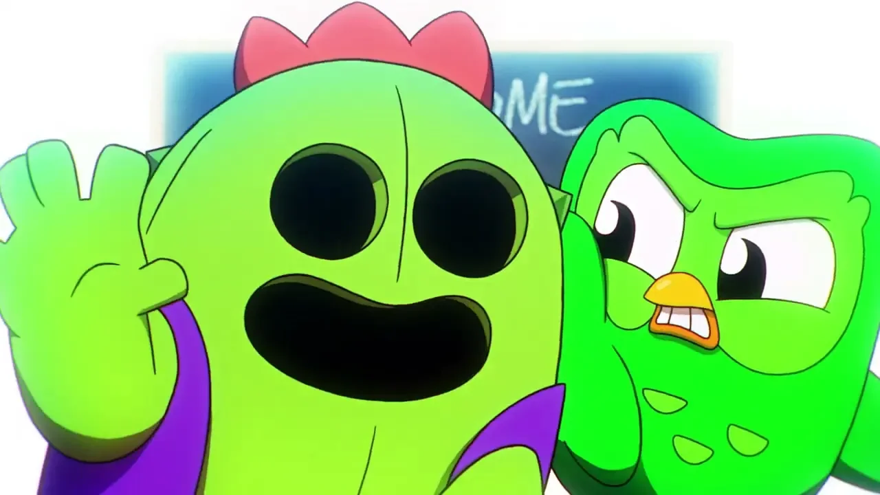 Spike e Duo aparecem juntos na colaboração entre Brawl Stars e Duolingo.