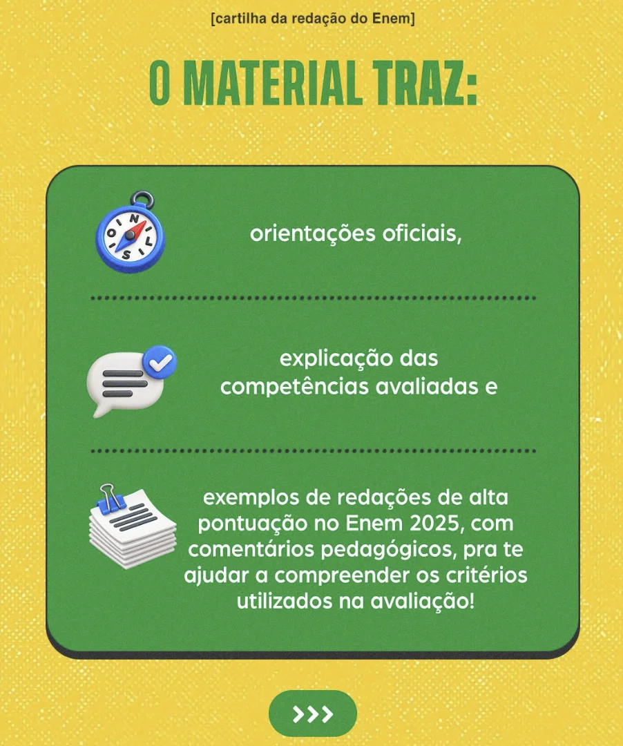 Arte lista orientações, critérios de avaliação e redações comentadas presentes na cartilha do Enem 2026.