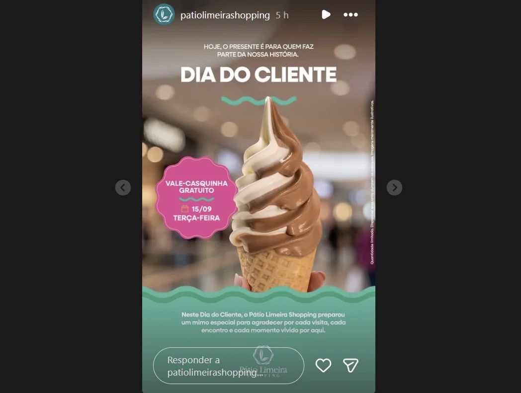 Casquinha grátis no Dia do Cliente no Pátio Limeira Shopping.