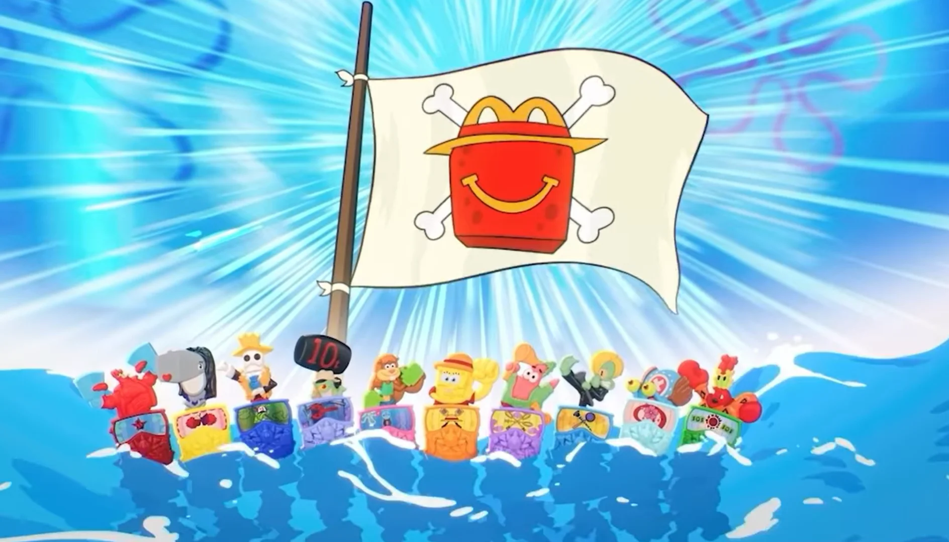 Brinquedos de Bob Esponja x One Piece reunidos em cenário marítimo.