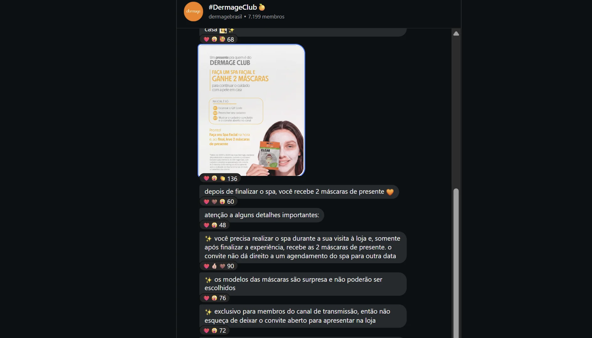 Canal Dermage Club no Instagram apresenta ação com Spa Facial e máscaras de presente.