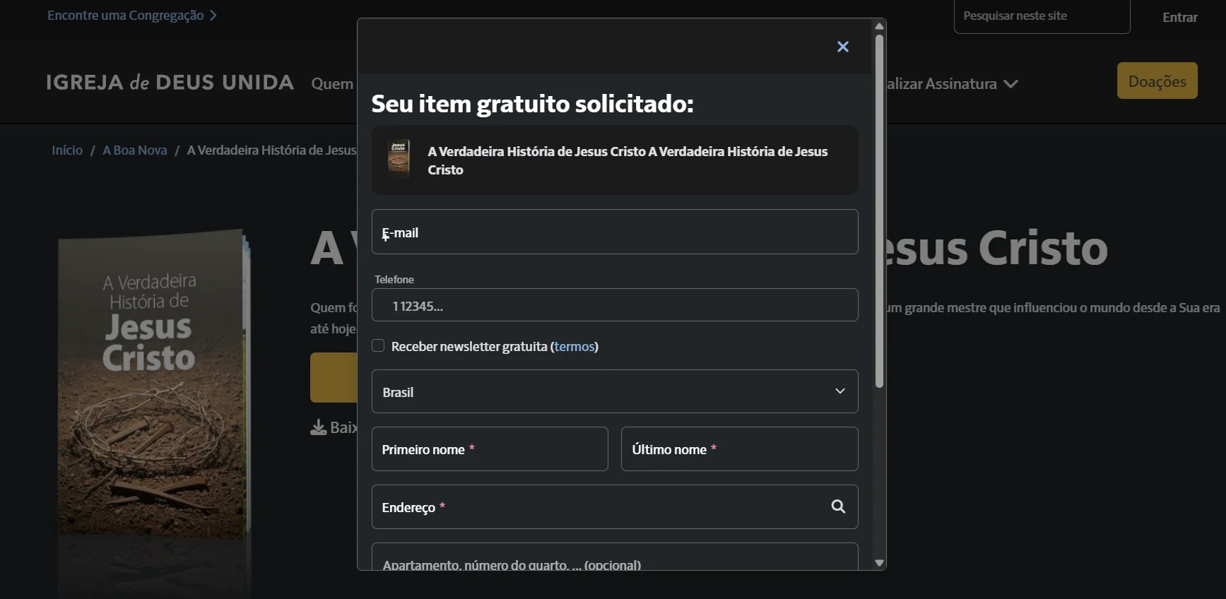 Formulário para solicitar livro gratuito sobre Jesus