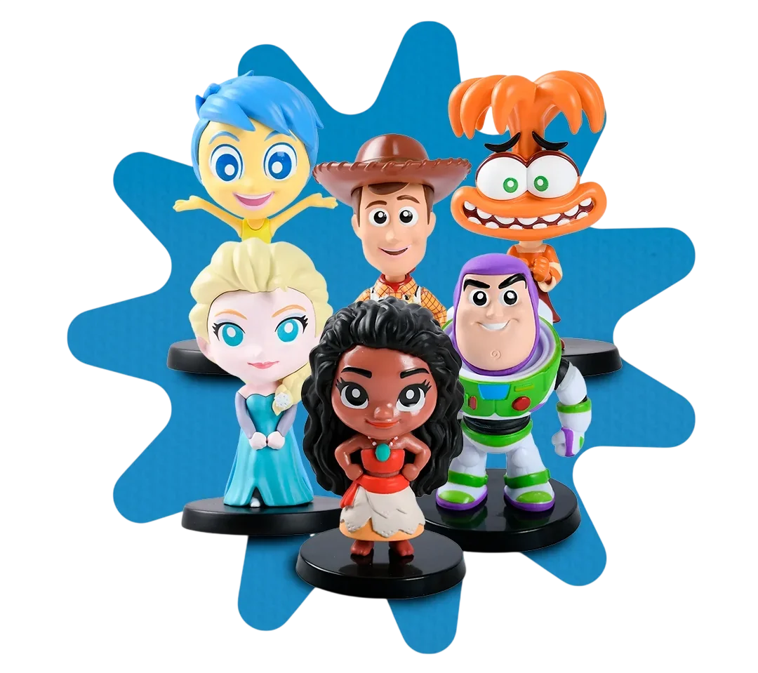 Miniaturas de personagens Disney e Pixar reunidas em coleção.