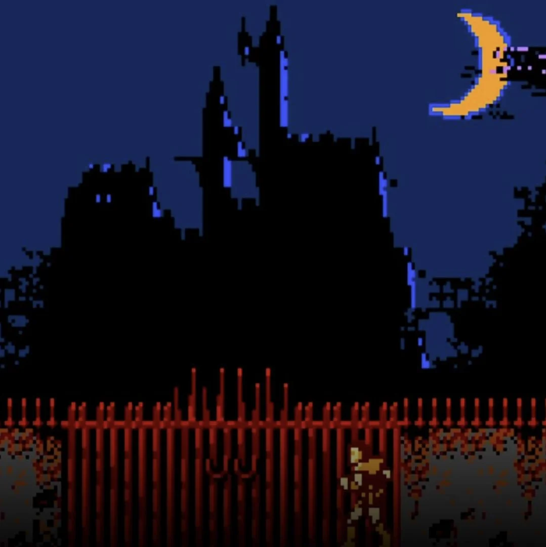 Simon Belmont diante do castelo de Drácula no Castlevania original