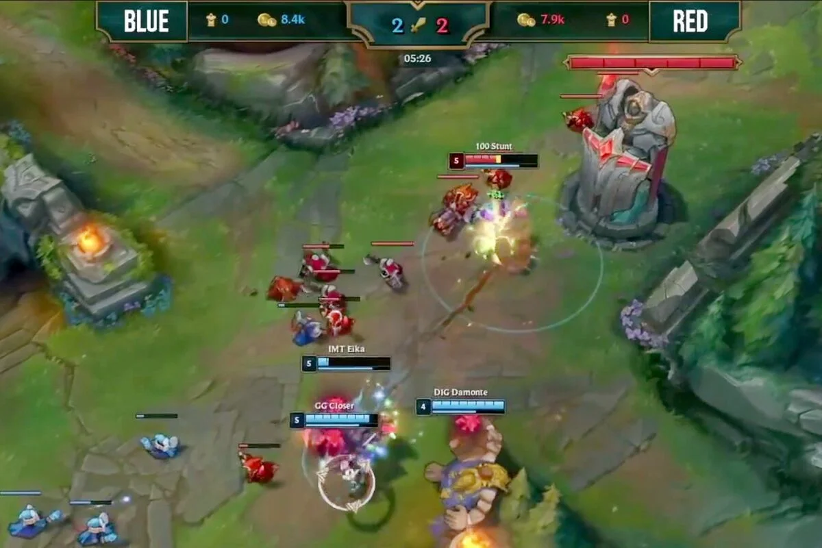 Partida de League of Legends mostra personagens em combate perto de uma torre.