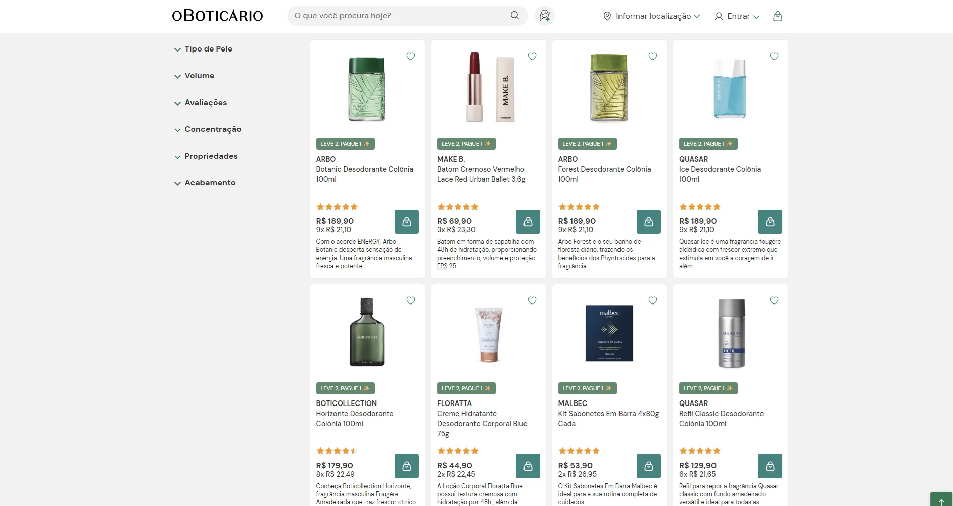 Página de O Boticário com produtos participantes do Leve 2, Pague 1.