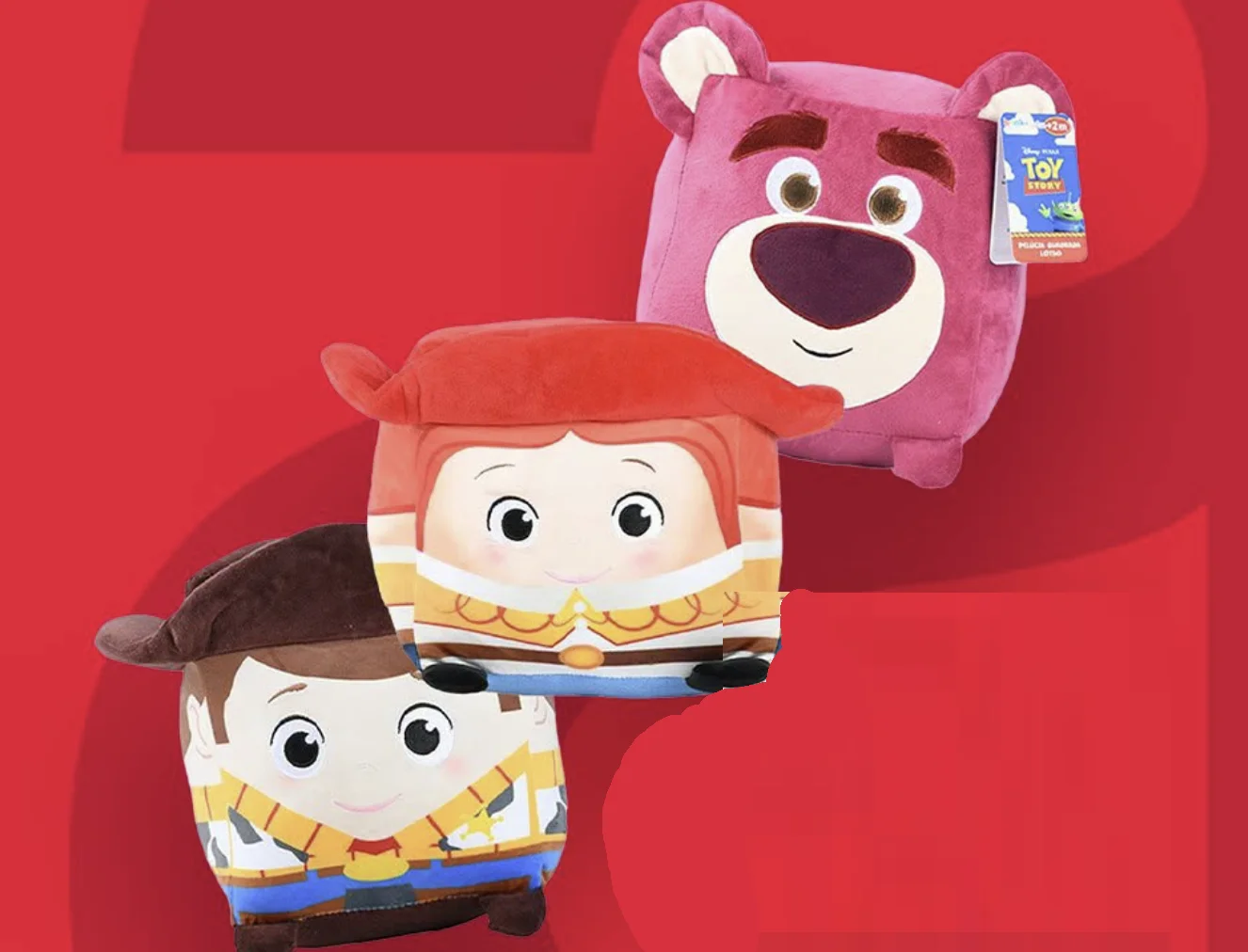 Pelúcias de Woody, Jessie e Lotso de Toy Story.