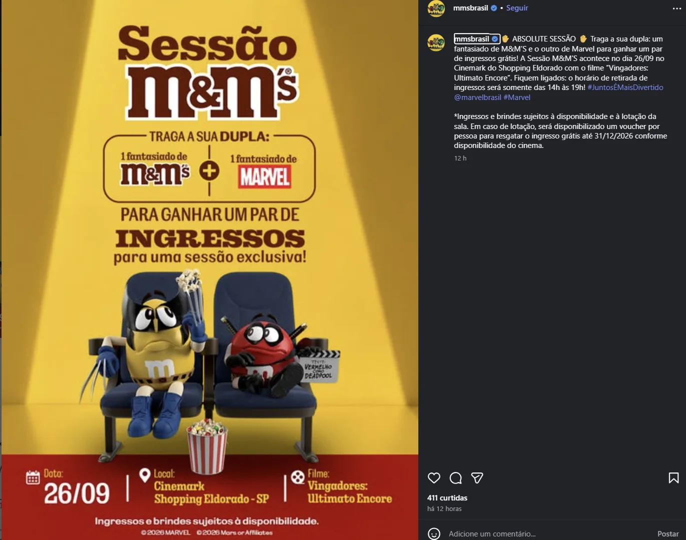 Sessão M&M’s de Vingadores com ingressos grátis para duplas fantasiadas.