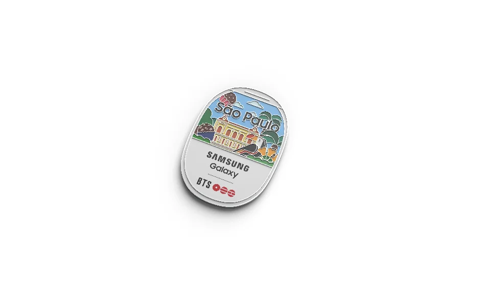 Pin exclusivo do BTS e Samsung Galaxy com ilustração de São Paulo.