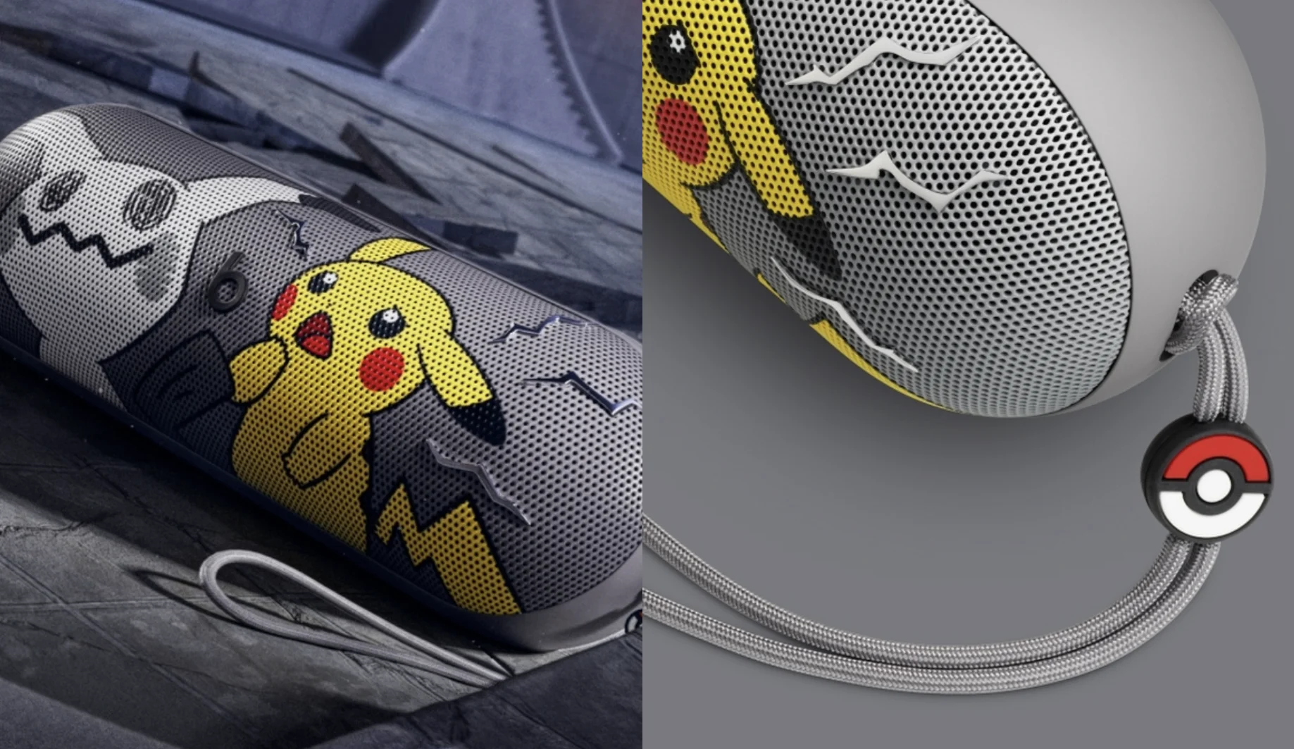 Beats Pill Pokémon com ilustrações de Pikachu e Mimikyu e alça com pingente de Poké Bola.