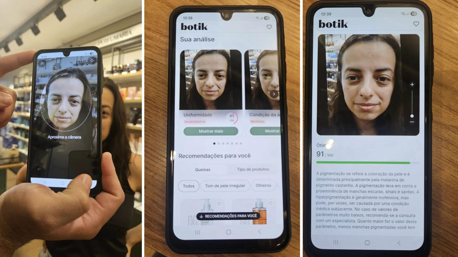 Ferramenta Meu Botik de O Boticário mostra análise facial com inteligência artificial e recomendações de cosméticos.