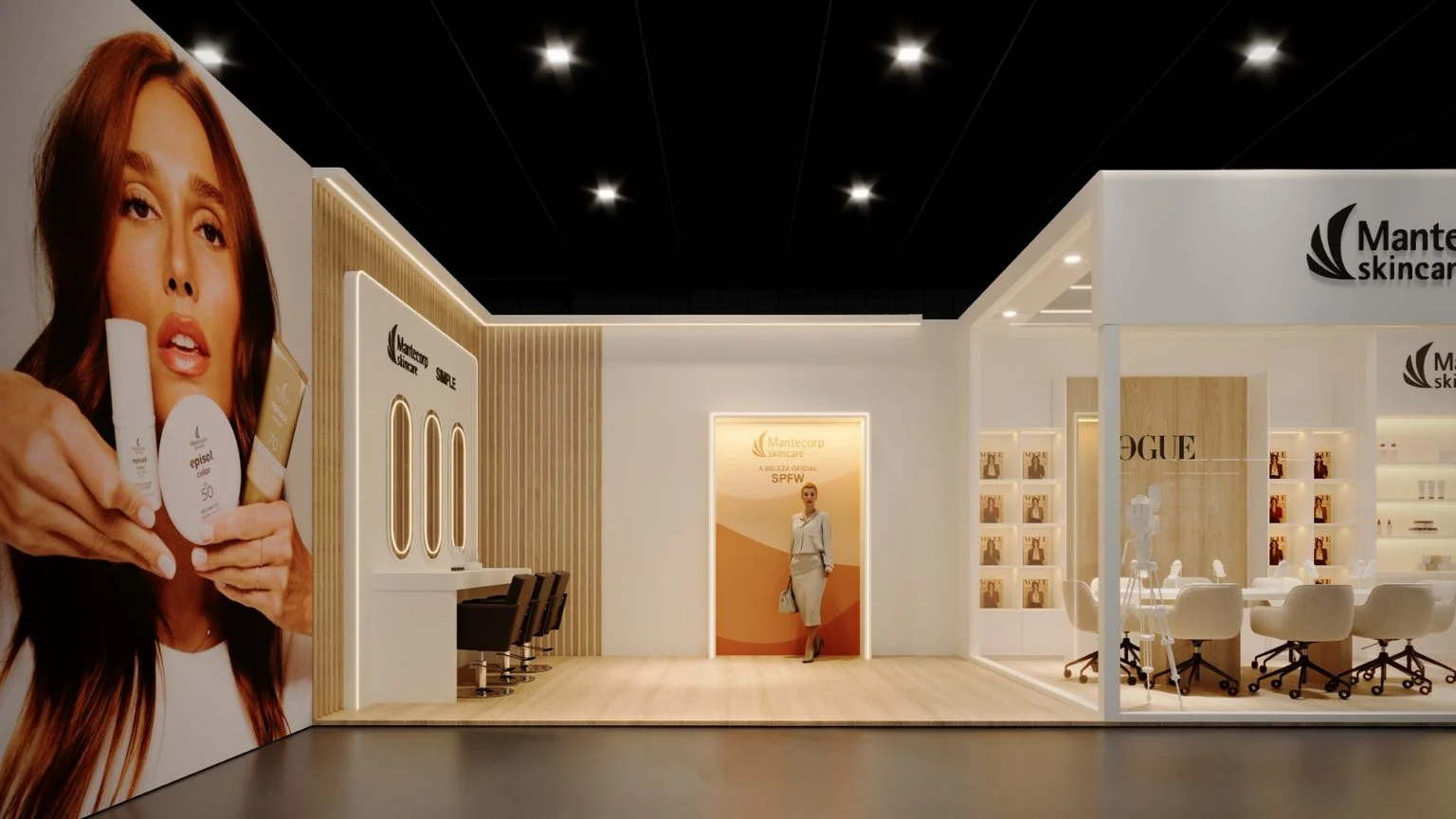 Área de maquiagem da Mantecorp Skincare na SPFW 2026 com espelhos, cadeiras e produtos de beleza.