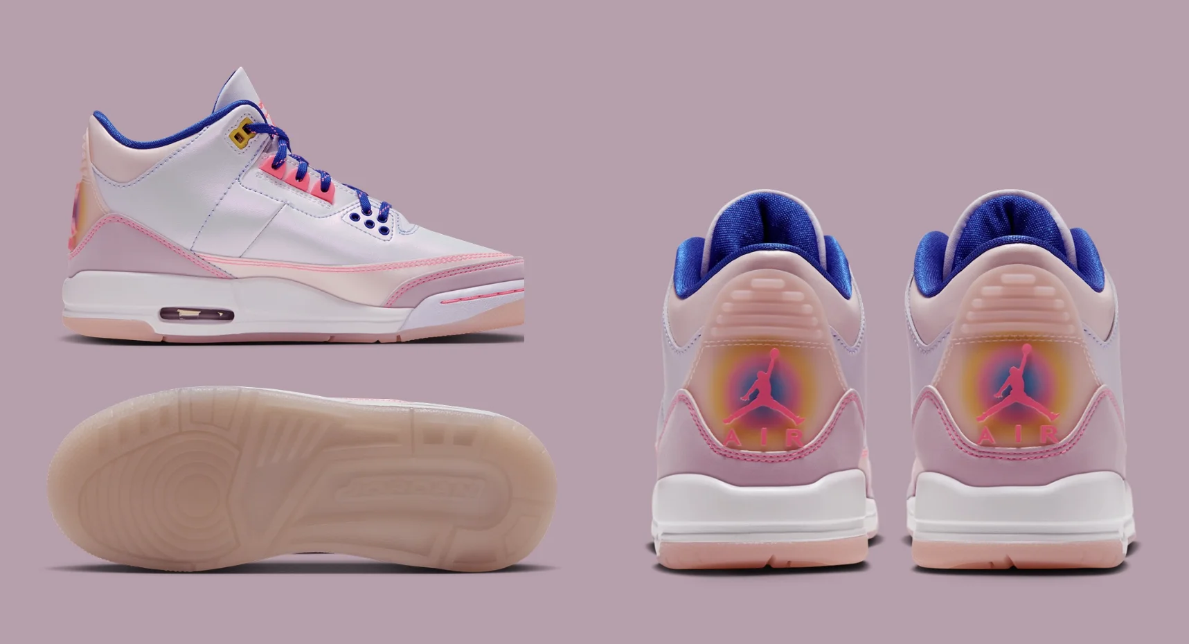 Air Jordan 3 Lola Bunny da Nike em diferentes ângulos, mostrando a lateral, o solado e a parte traseira.