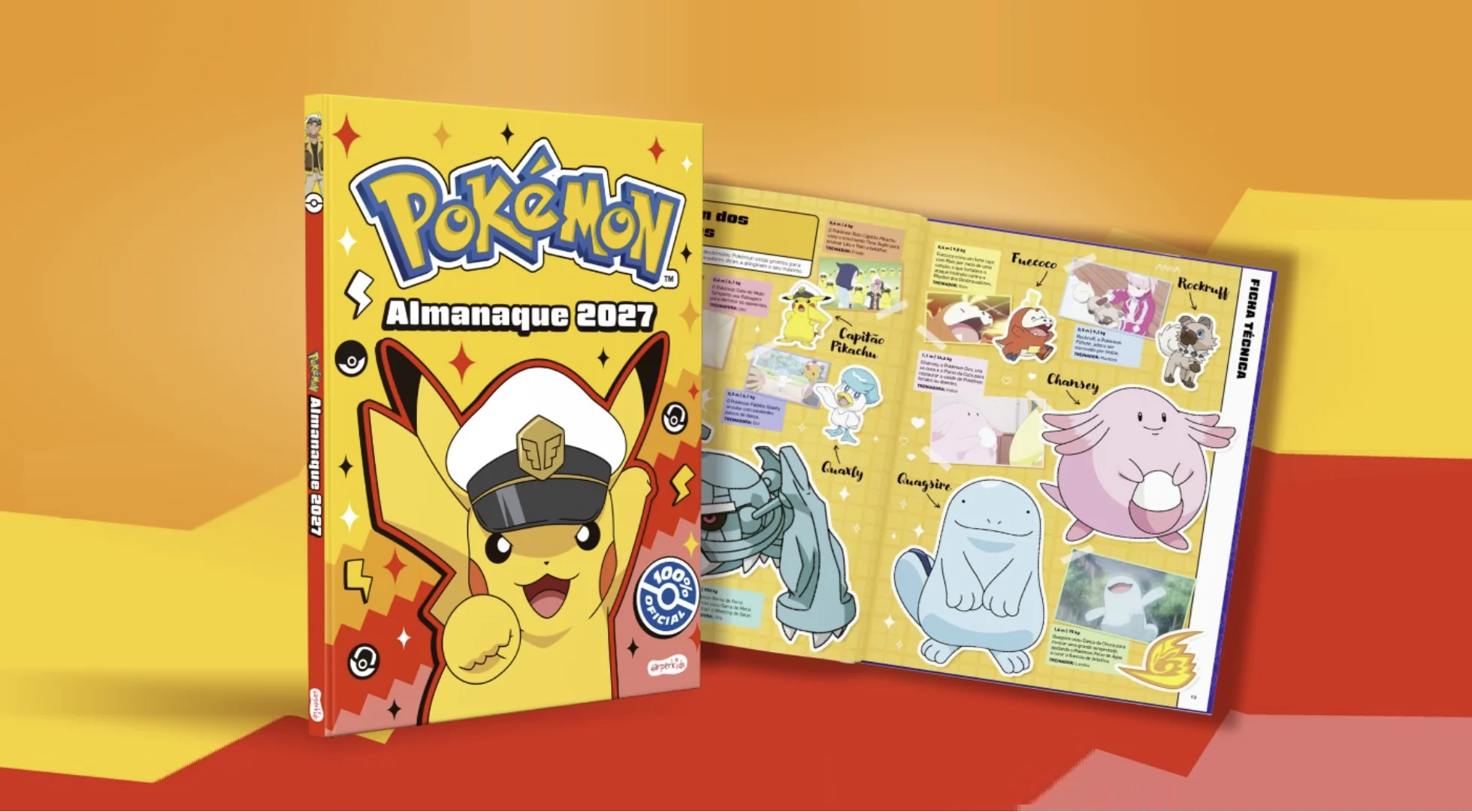 Almanaque Pokémon 2027 da HarperKids com Pikachu na capa e páginas ilustradas com personagens.
