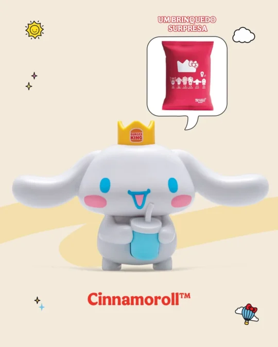 Miniatura do Cinnamoroll com copo azul e coroa do Burger King.