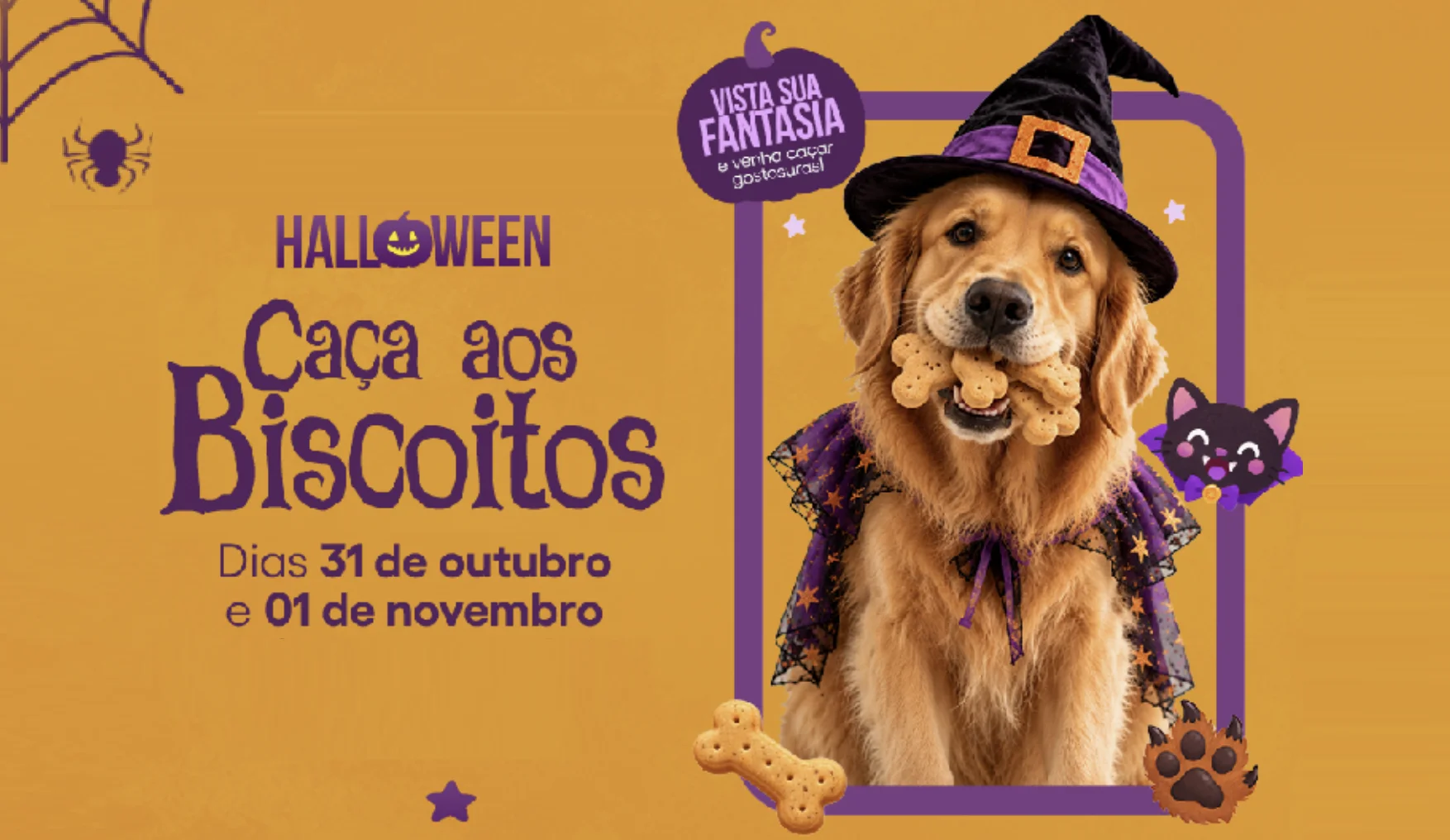 Cachorro fantasiado de bruxo ilustra a Caça aos Biscoitos de Halloween, realizada pelo Shopping Frei Caneca.