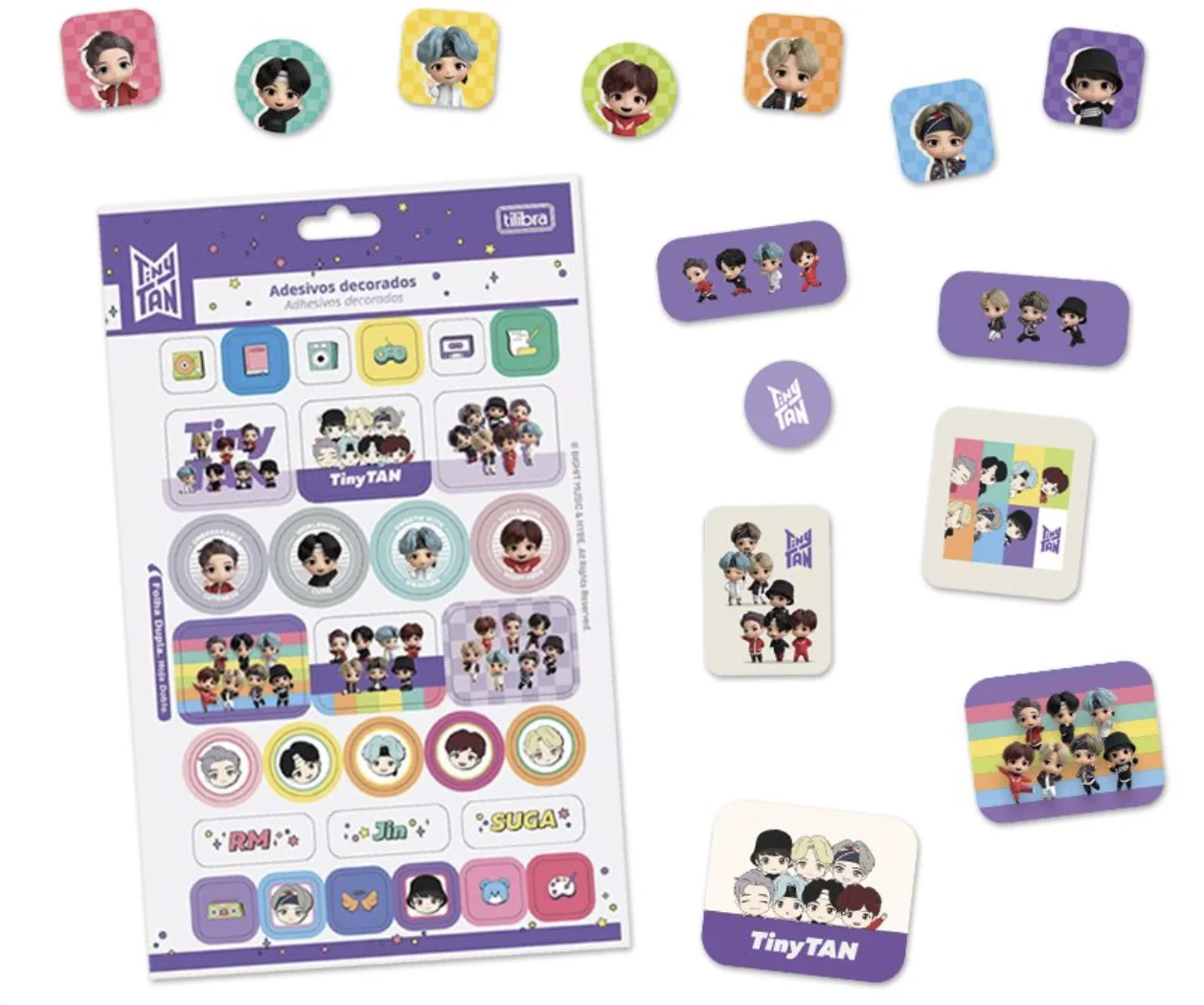 Cartela de adesivos TinyTAN da Tilibra com personagens do BTS e ilustrações coloridas.