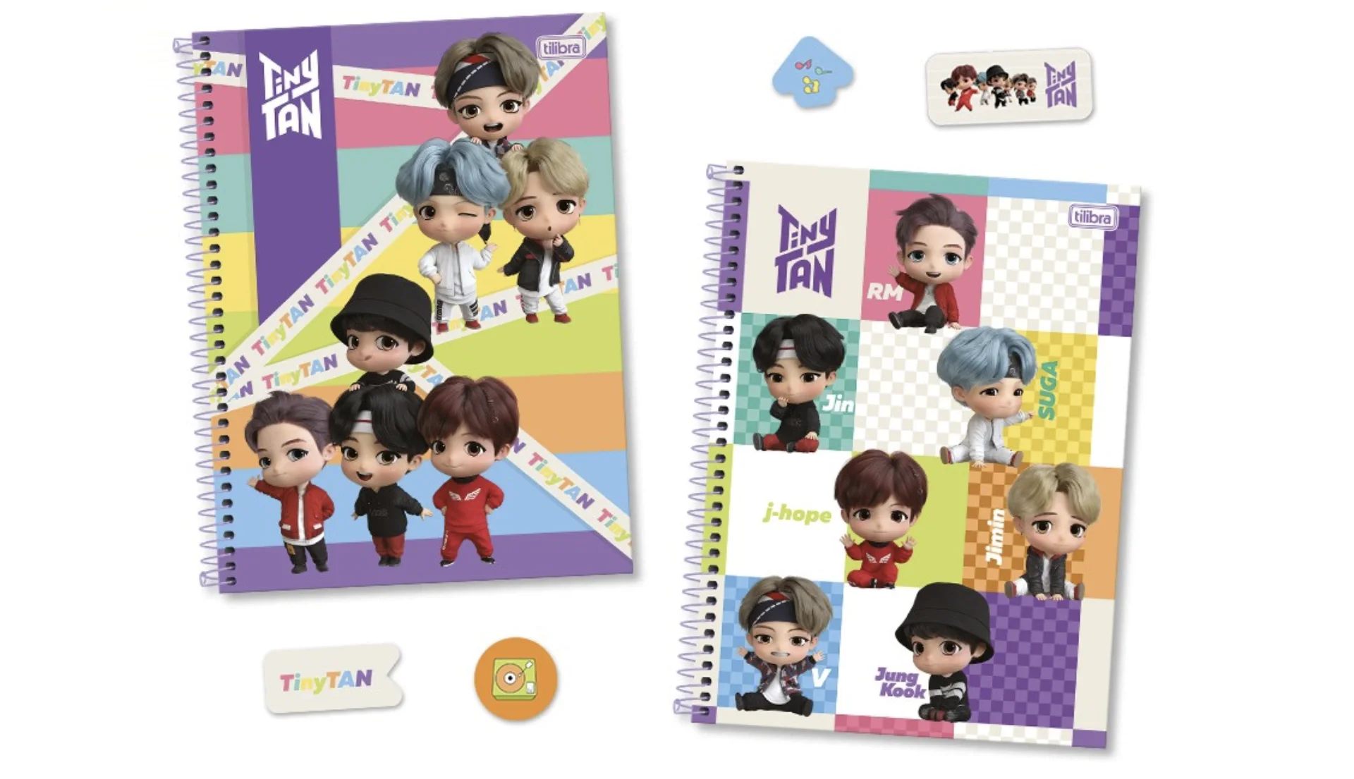 Dois cadernos universitários TinyTAN da Tilibra com capas coloridas e personagens do BTS.