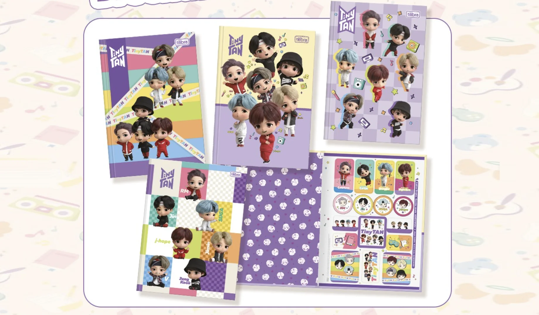 Cadernos de capa dura e adesivos TinyTAN da Tilibra com personagens inspirados no BTS.