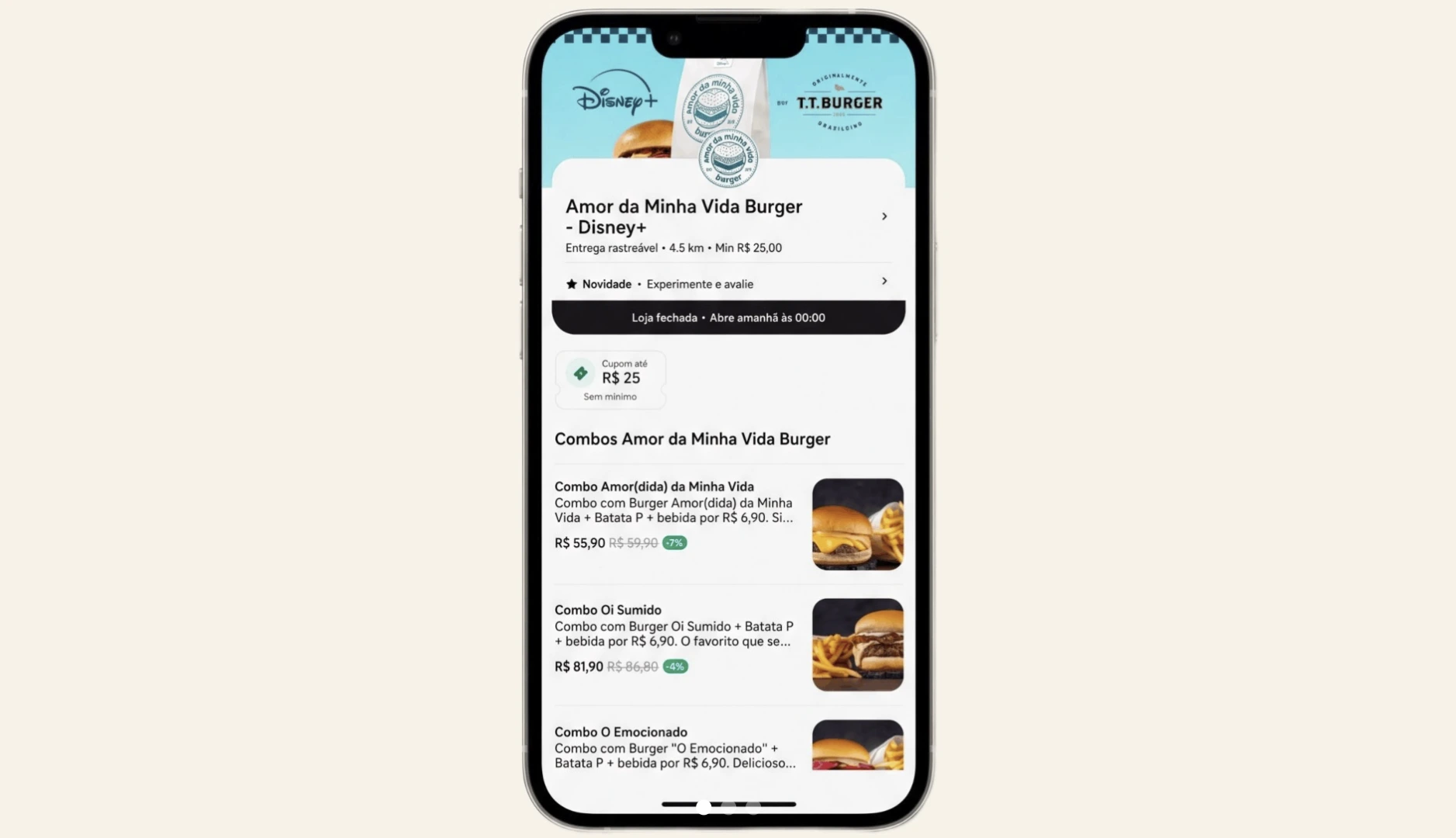 Aplicativo iFood exibe cardápio da hamburgueria temática de Amor da Minha Vida, parceria entre Disney+ e T.T. Burger.Aplicativo iFood exibe cardápio da hamburgueria temática de Amor da Minha Vida, parceria entre Disney+ e T.T. Burger.