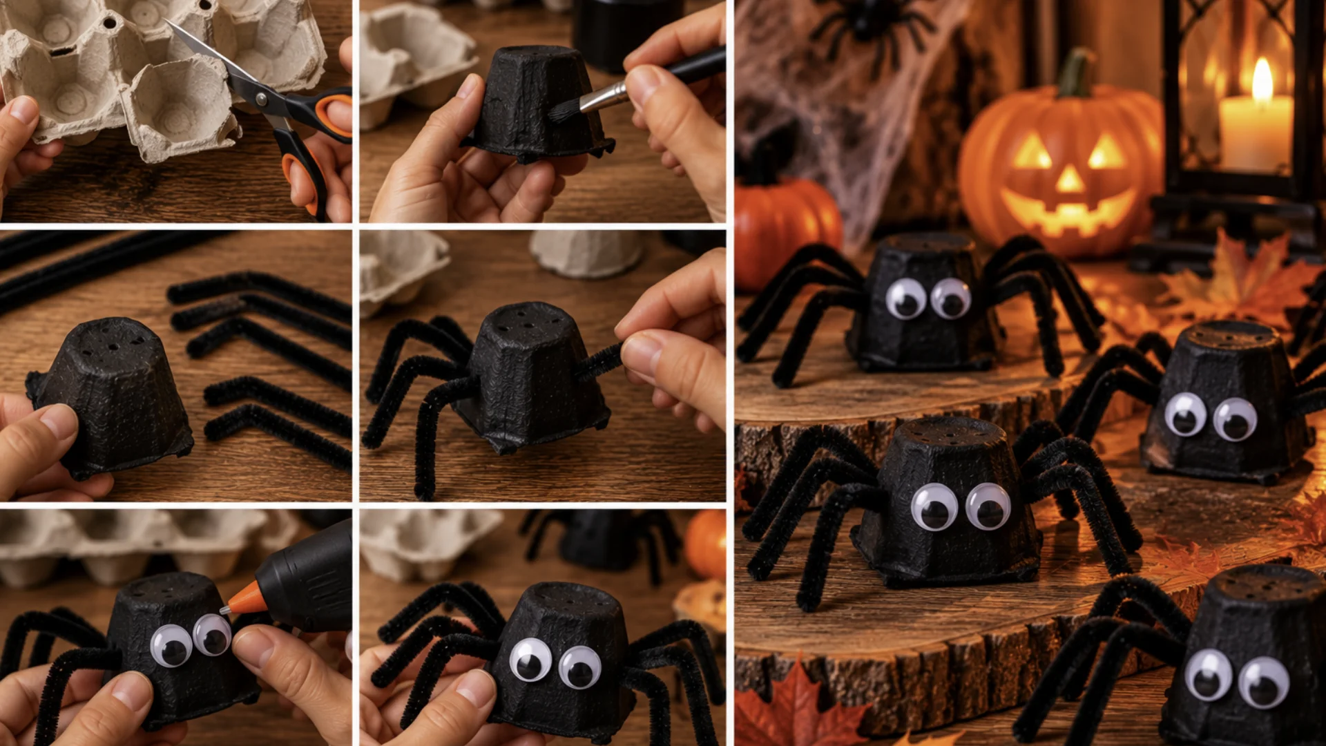 Passo a passo para criar aranhas de Halloween com caixas de ovos recicladas, tinta preta, olhos decorativos e limpadores de cachimbo.