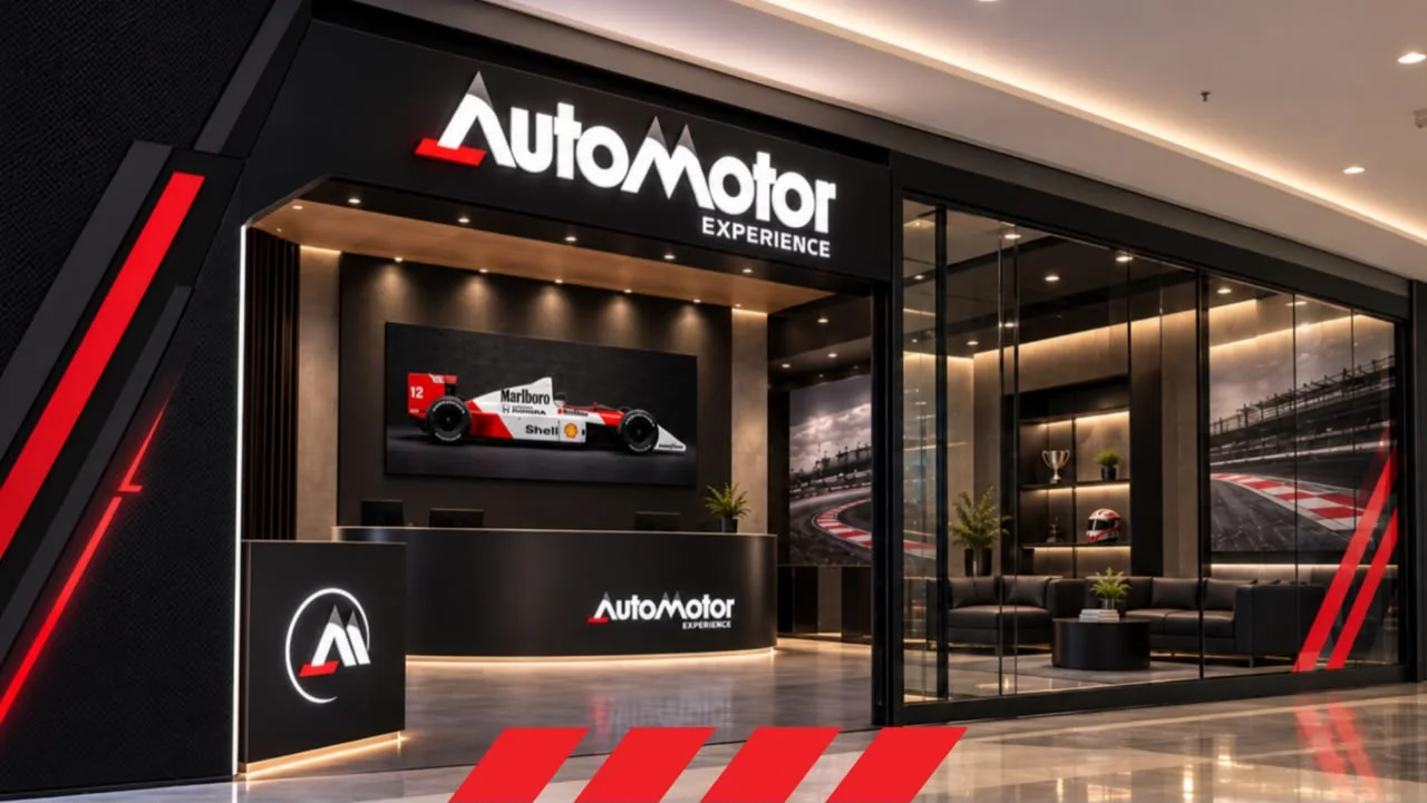 Fachada da AutoMotor Experience com decoração inspirada na Fórmula 1 e no automobilismo.