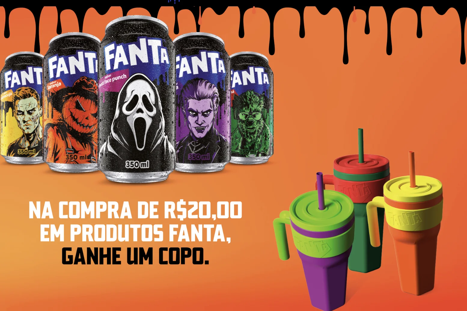 Fanta Halloween com latas temáticas e copos térmicos coloridos.