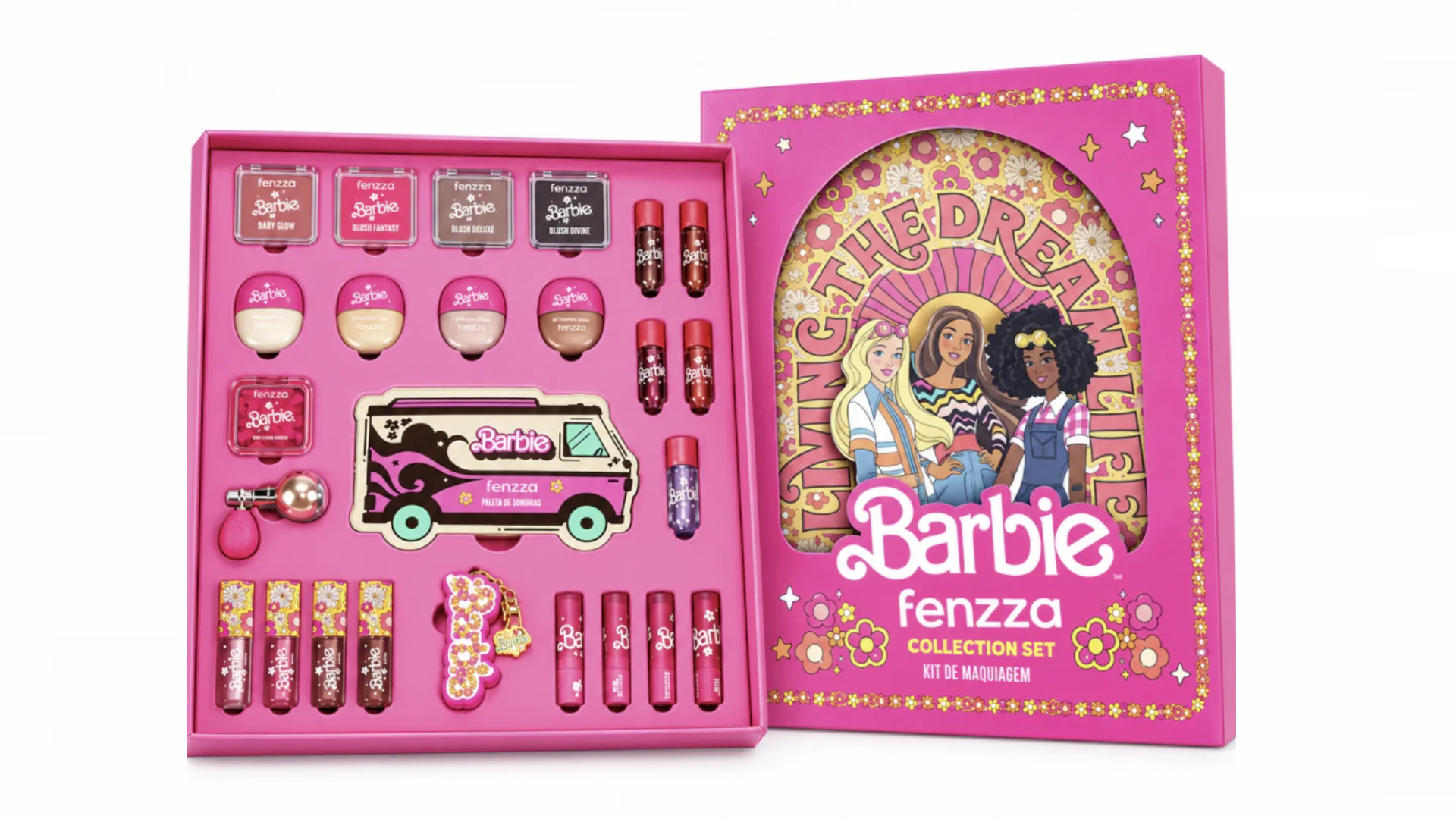 Kit de maquiagem Barbie x Fenzza com blushes, glosses, sombras e embalagens temáticas rosa.Kit de maquiagem Barbie x Fenzza com blushes, glosses, sombras e embalagens temáticas rosa.