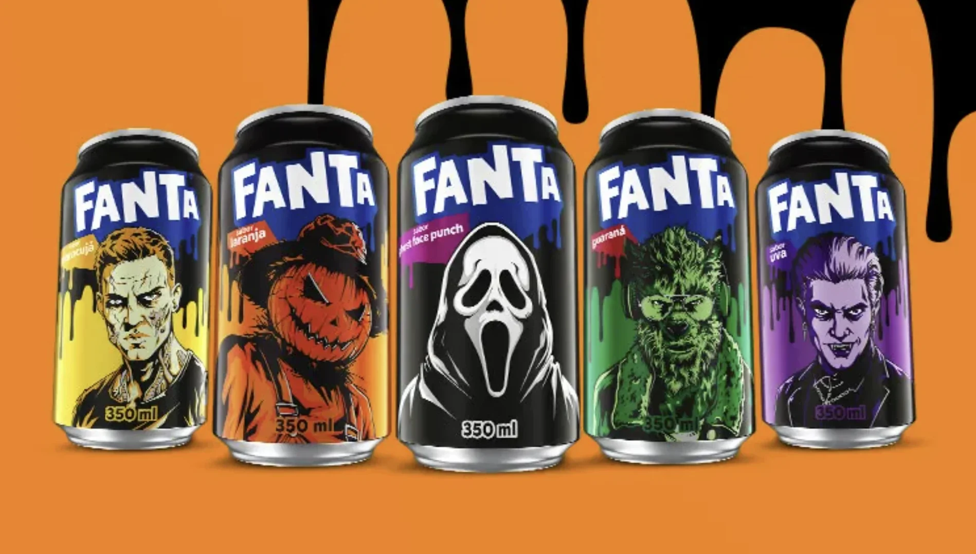 Cinco latas de Fanta Halloween com embalagens temáticas de personagens de terror, incluindo Ghostface.