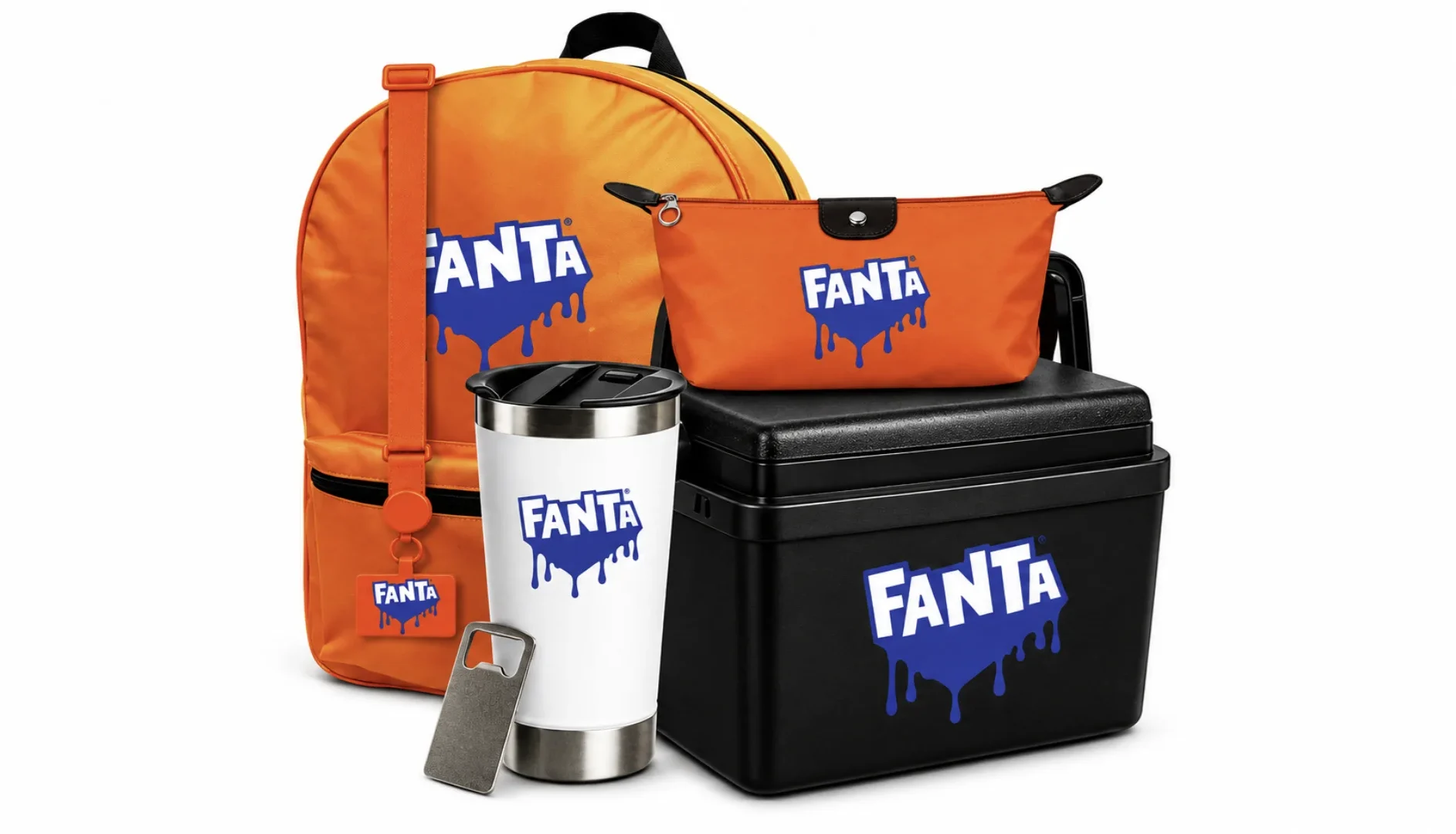 Brindes de Halloween da Fanta na Cinemark, incluindo mochila, nécessaire, copo térmico e bolsa térmica.