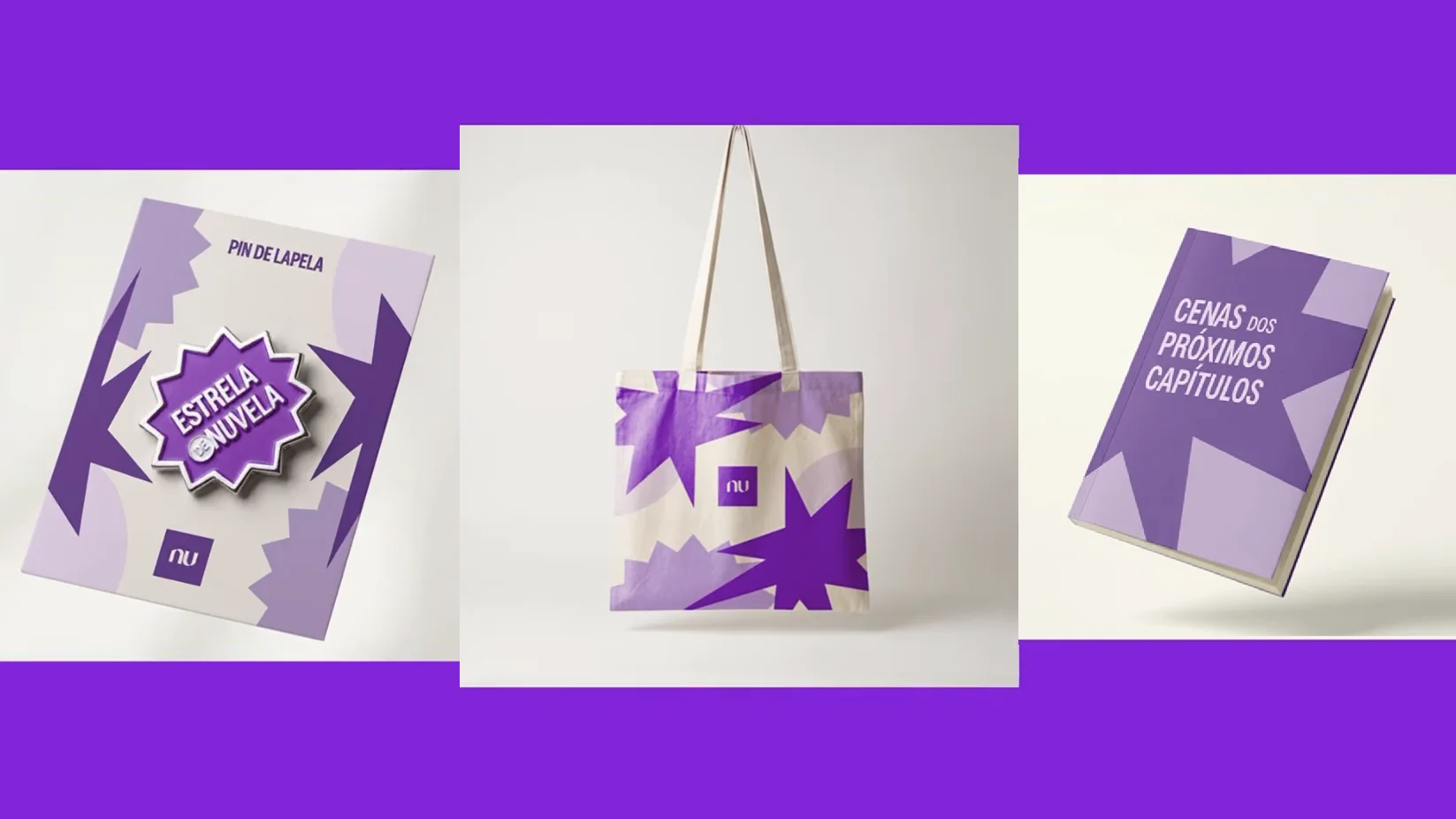 Brindes da parceria Nubank e Contigo!, incluindo pin de lapela, ecobag e caderno temático.
