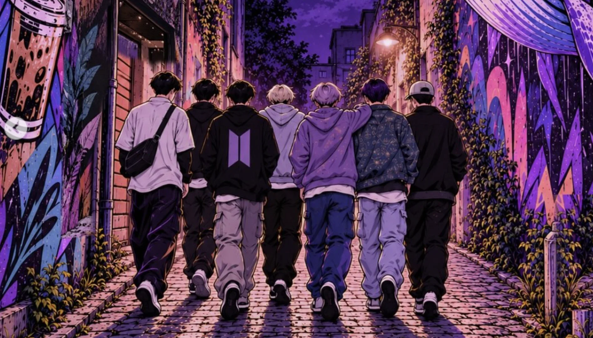 Ilustração dos sete integrantes do BTS caminhando por um beco com grafites coloridos e iluminação roxa.
