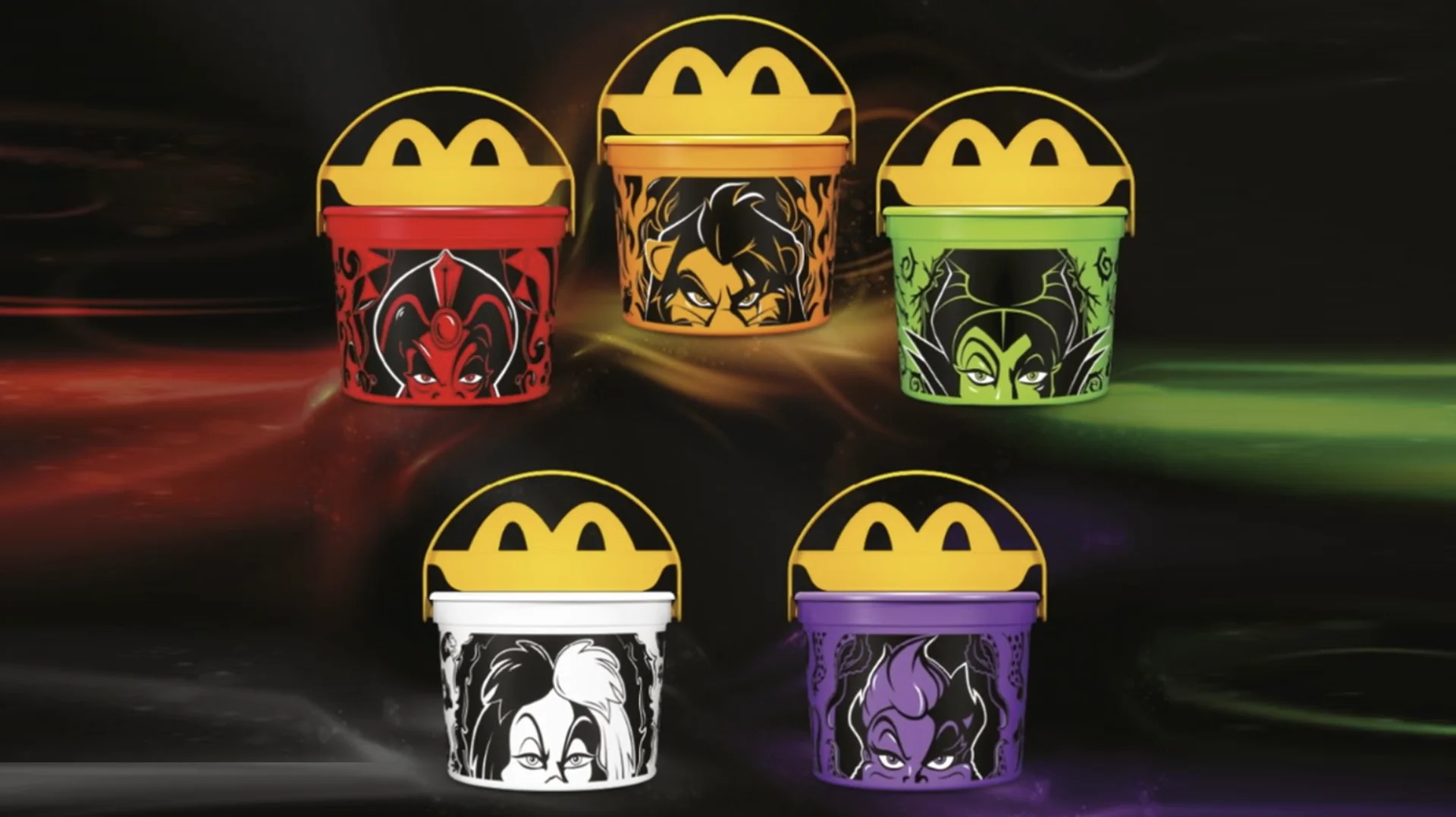 Cinco Buu Baldes de Halloween do McDonald’s inspirados nos vilões clássicos da Disney.