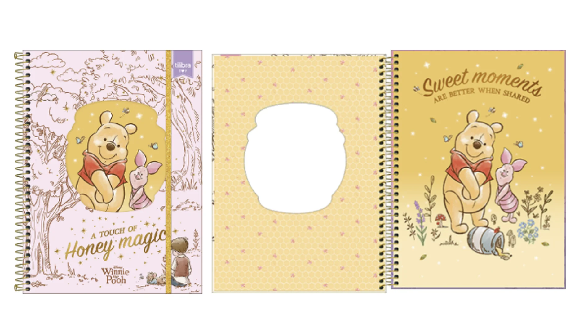 Cadernos Tilibra do Ursinho Pooh com capas ilustradas em tons de rosa e amarelo.