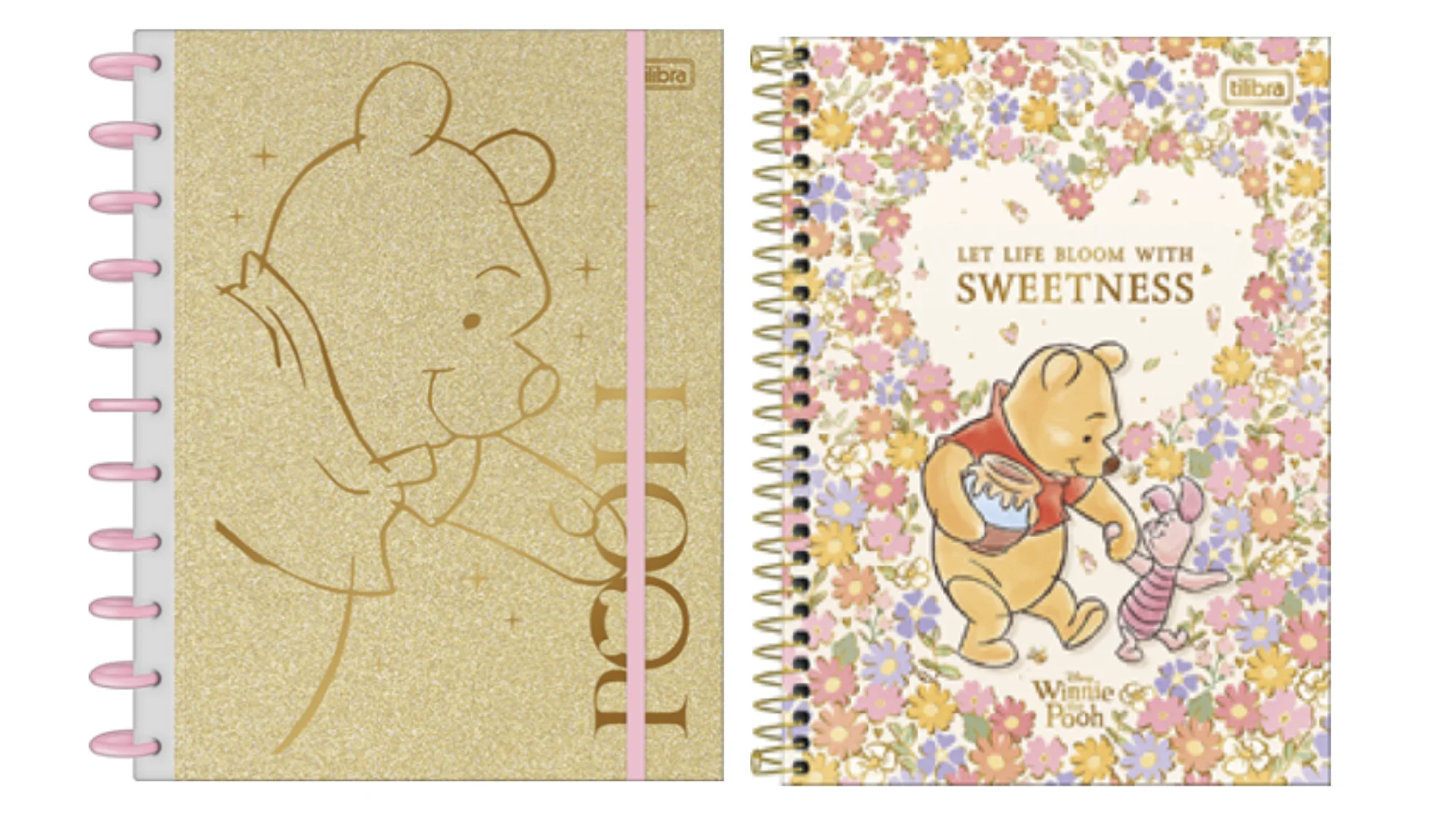 Cadernos da Tilibra com Ursinho Pooh, capas dourada e floral com Leitão.