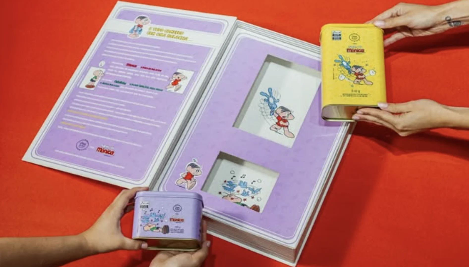 Latas de bolachinhas da Turma da Mônica em caixa especial da Dona do Doce.
