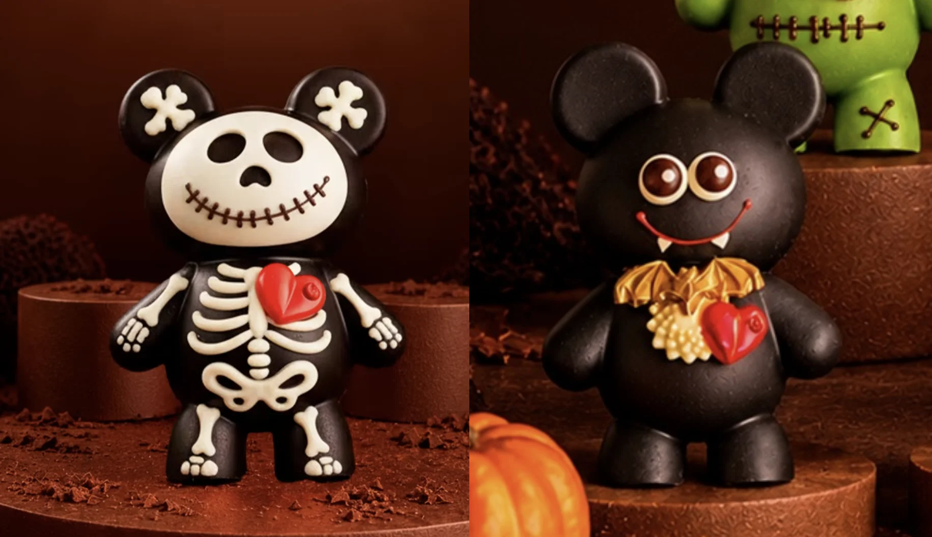 Ursinhos de chocolate fantasiados de esqueleto e vampiro da coleção Kawaii Monsters.