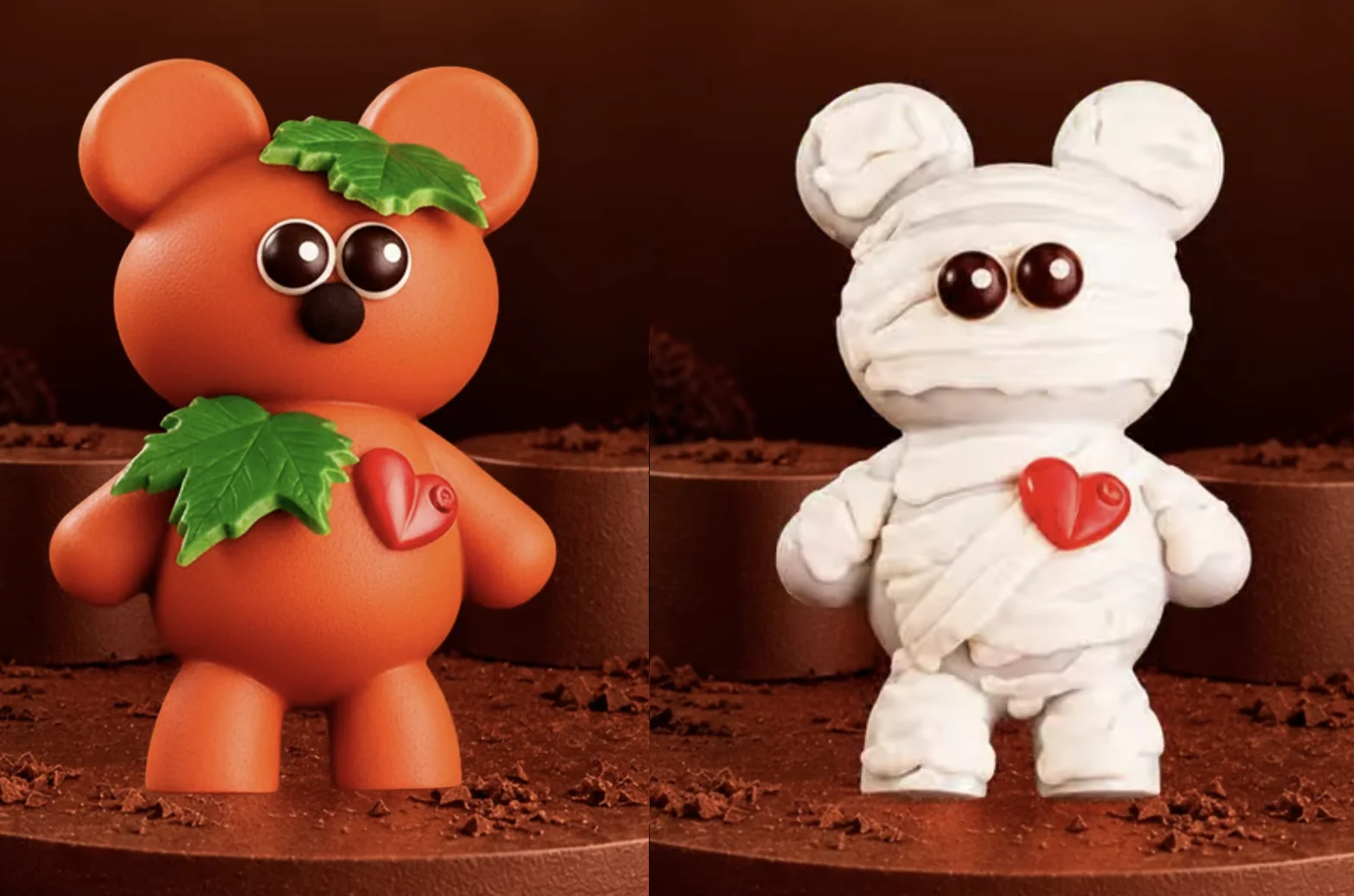 Ursinhos de chocolate em versões de abóbora e múmia para o Halloween 2026.