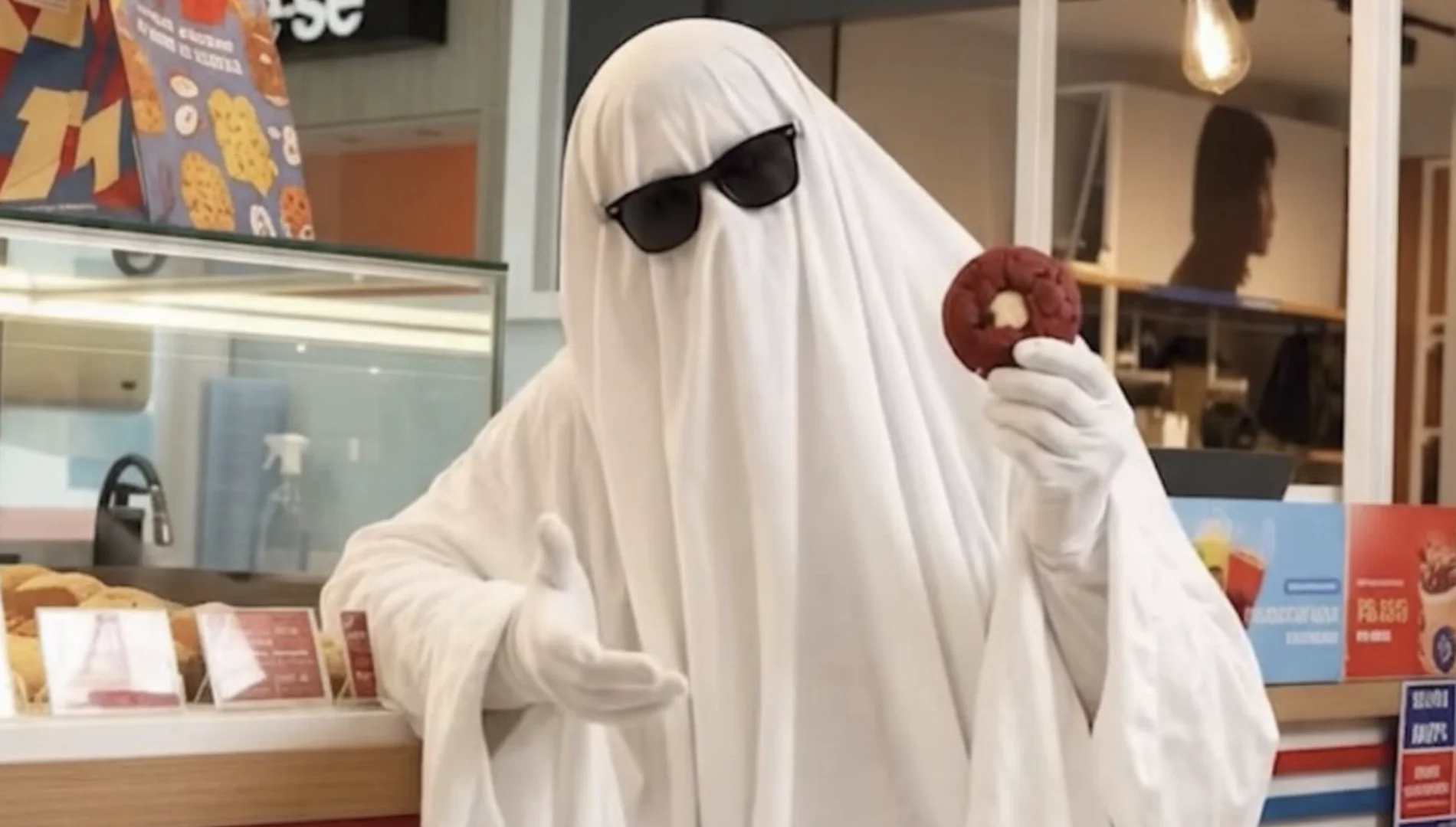Pessoa fantasiada de fantasma com óculos escuros segurando cookie Red Velvet na American Cookies.