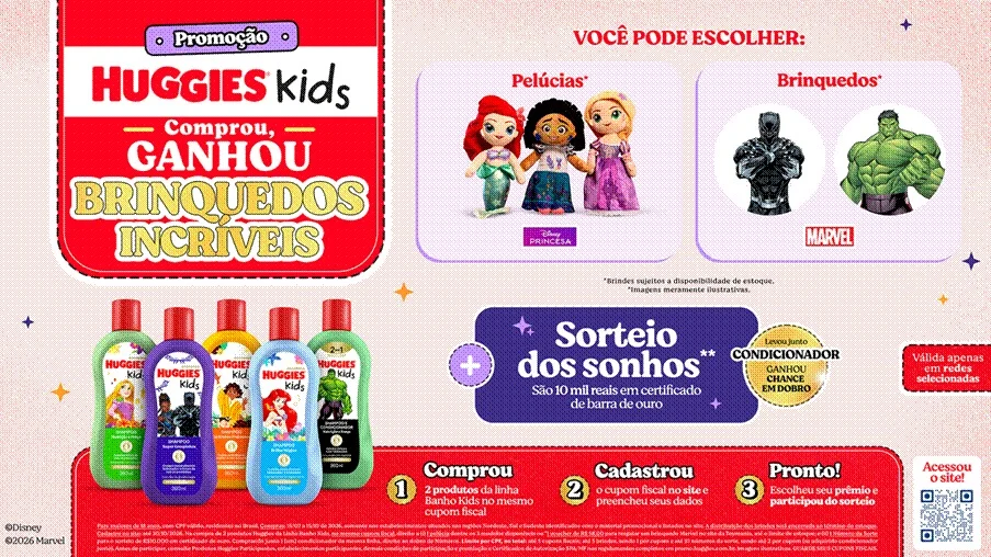 Promoção Huggies Kids com pelúcias Disney, brinquedos Marvel e prêmio de R$ 10 mil.