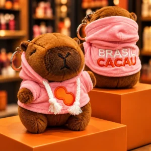Chaveiro de capivara de pelúcia da Brasil Cacau com moletom rosa e cordões brancos.