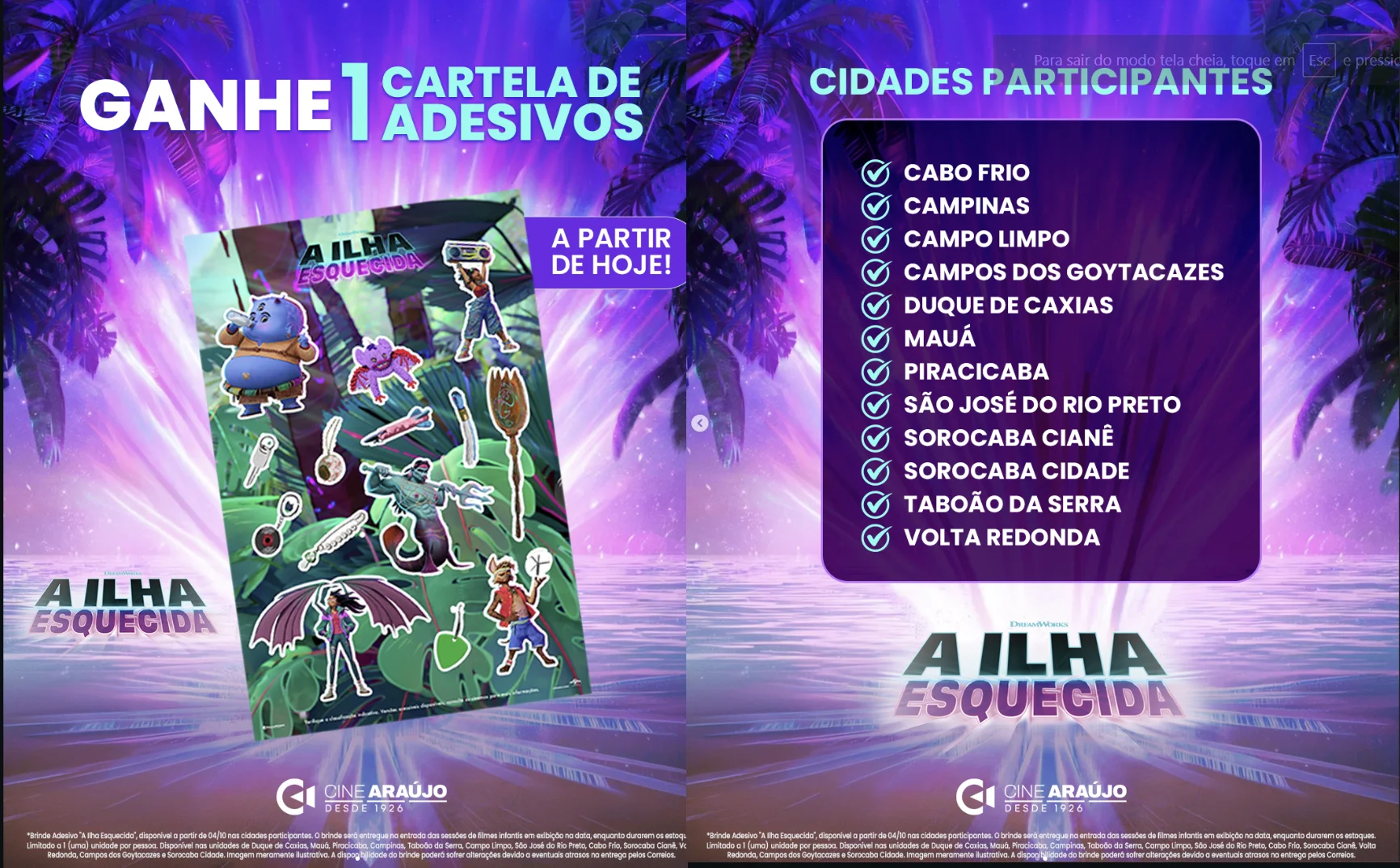 Cine Araújo anuncia cartela de adesivos de A Ilha Esquecida e cidades participantes.