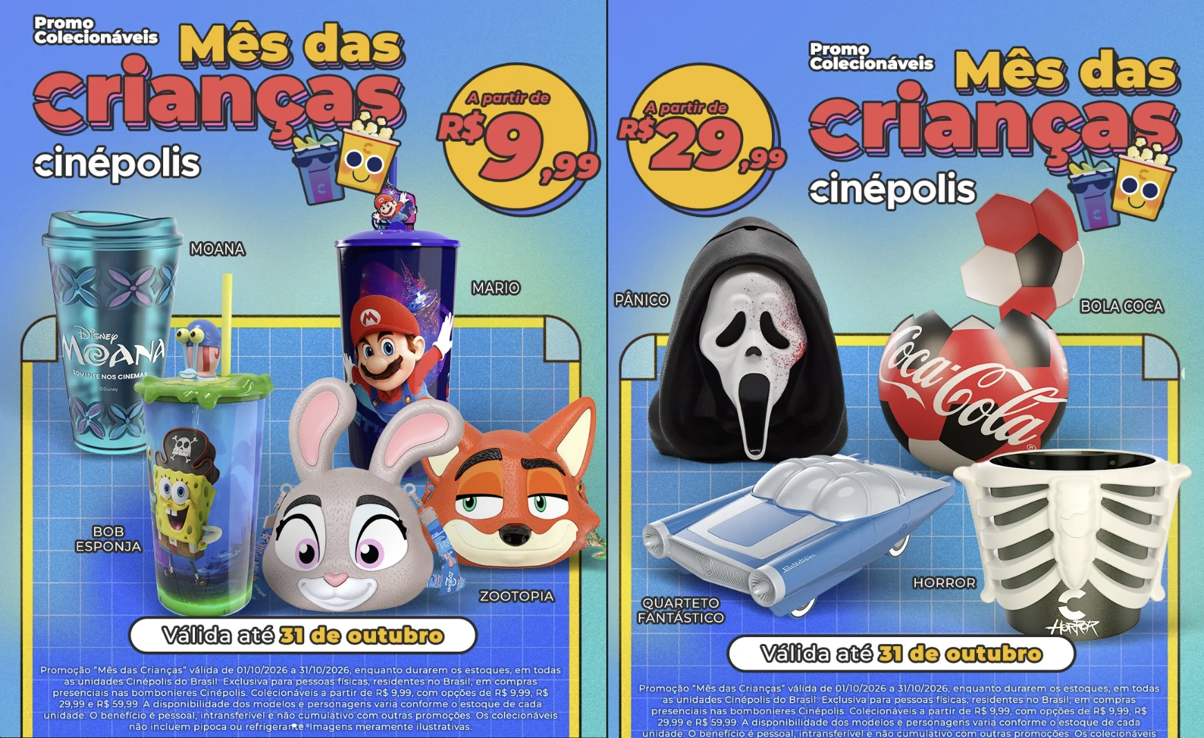 Colecionáveis da Cinépolis com copos e baldes de Moana, Mario, Bob Esponja, Zootopia e Pânico a partir de R$ 9,99.
