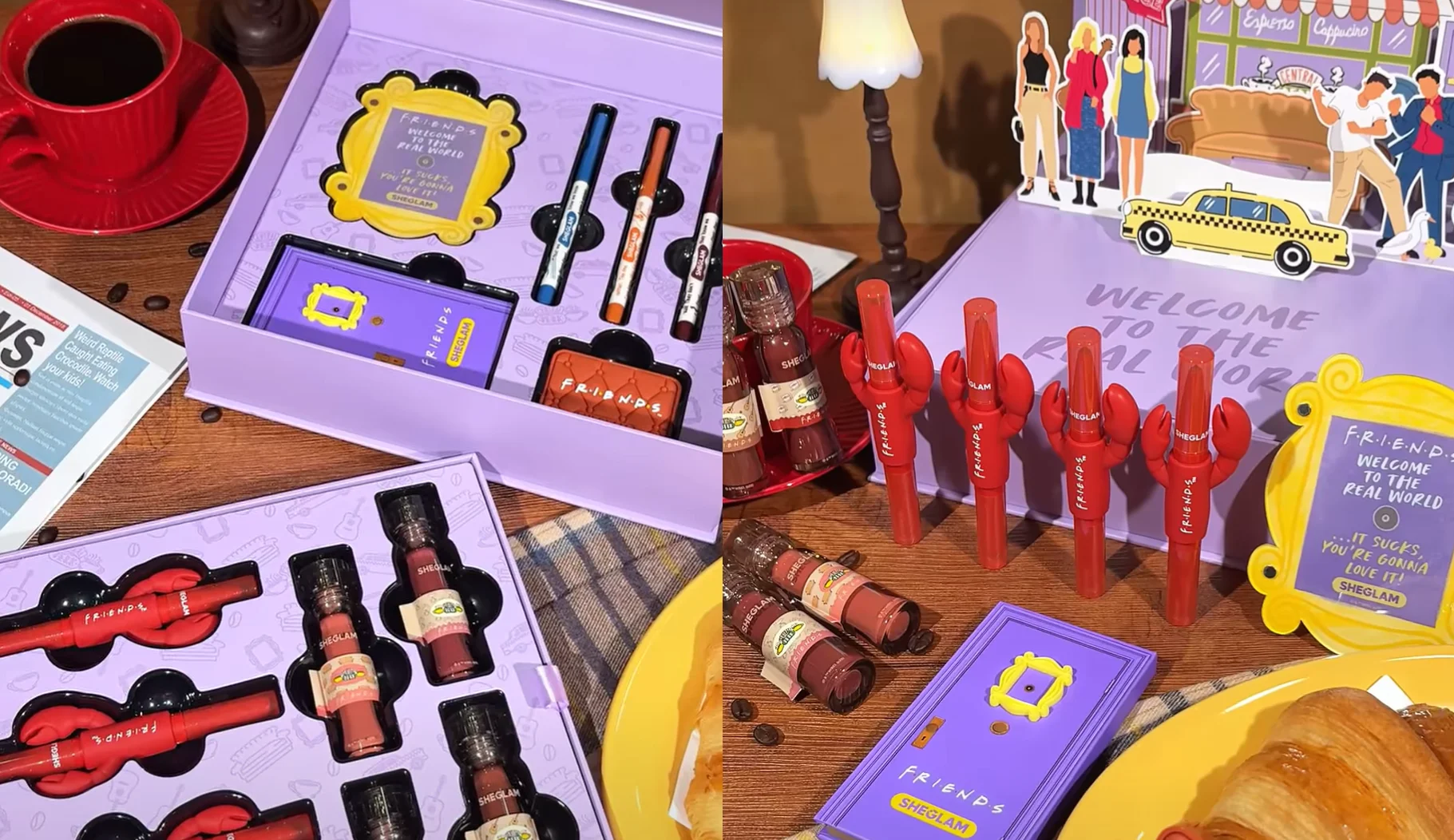 Coleção SHEGLAM x Friends com maquiagens e acessórios temáticos.