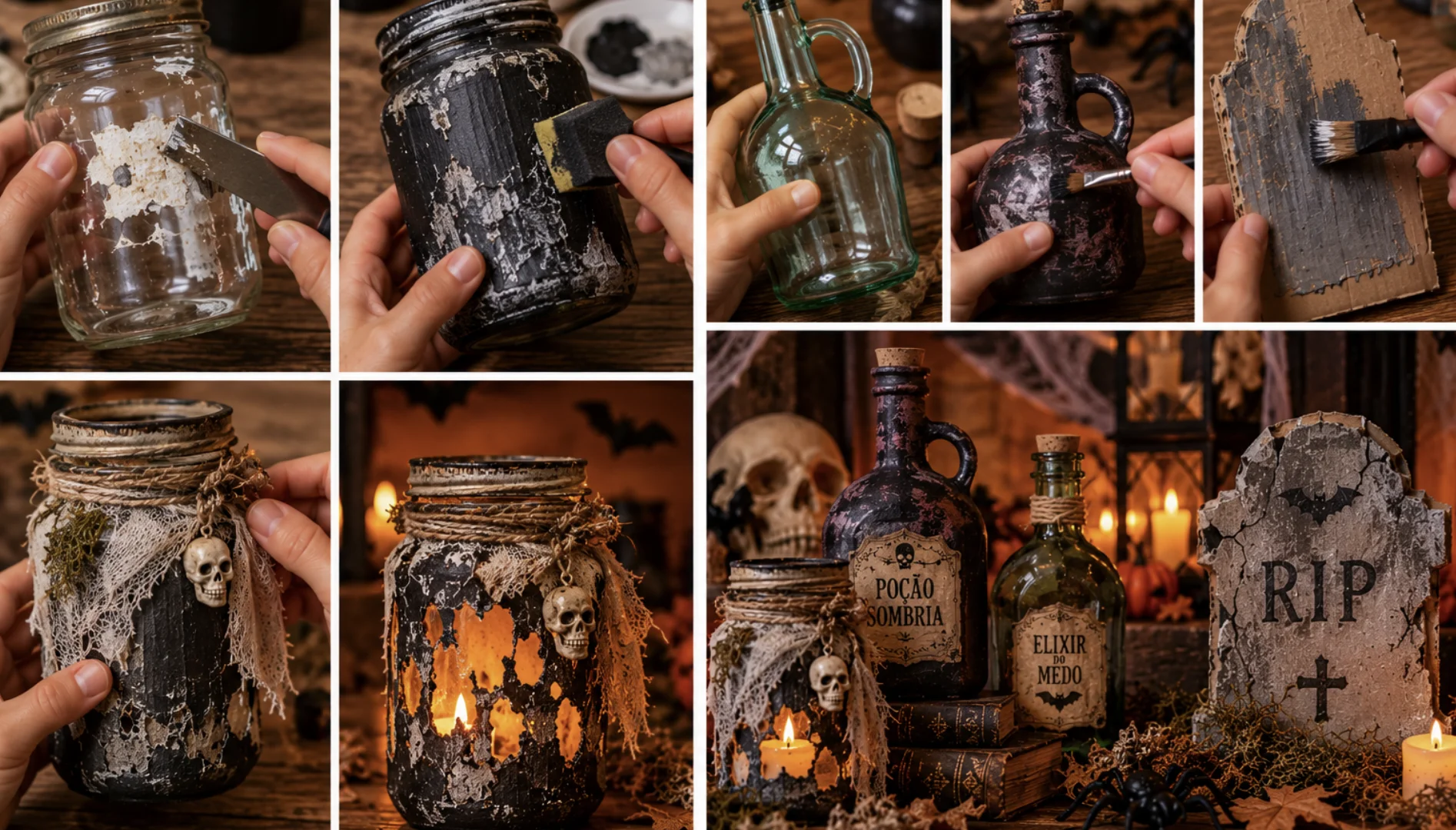 Passo a passo de decoração de Halloween com potes de vidro, garrafas e lápides de papelão reaproveitados.